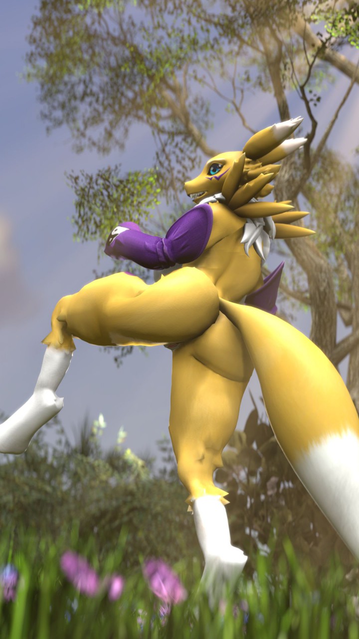 2019 3d 9:16 anthro ass big_tail canid canine digimon digimon_(species) female flower fox fur genitals grass hi_res looking_at_viewer mammal mizumi1986 multicolored_body multicolored_fur nude plant pussy renamon solo source_filmmaker surprised_expression teeth tree white_body white_fur yellow_body yellow_fur