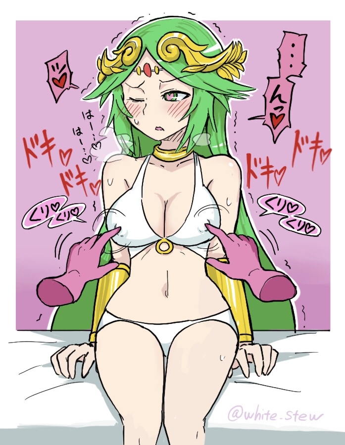 1girls, blush, covered nipples, female, green eyes, green hair, heart, heart eyes, kid icarus, nintendo, nipple bulge, nipple teasing, nipple tweak, nipples, palutena, pokies, spoken heart, white bikini, white-stew