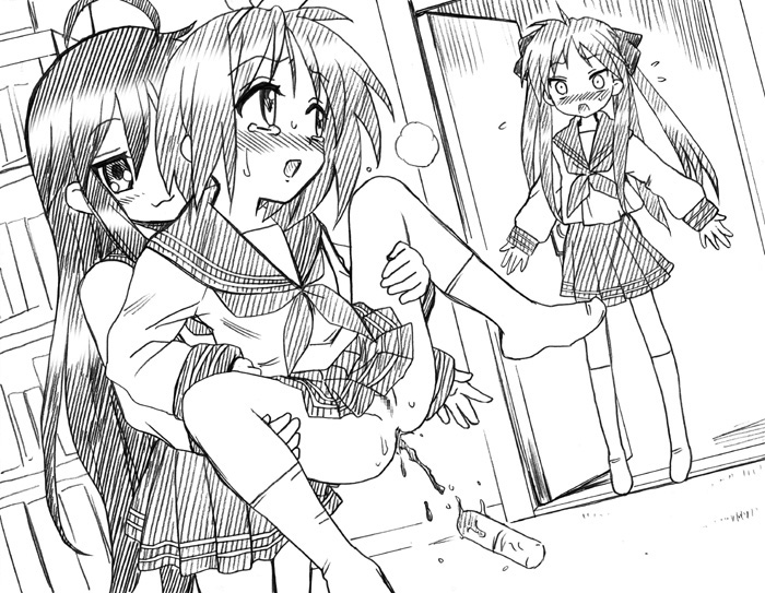 3girls :3 :o anal_object_insertion anus blush caught censored dildo door kagami_hiiragi konata_izumi long_hair lucky_star monochrome multiple_girls object_insertion open_mouth pussy room school_uniform serafuku short_hair siblings sisters socks spread_legs sweat tears tsukasa_hiiragi white_legwear