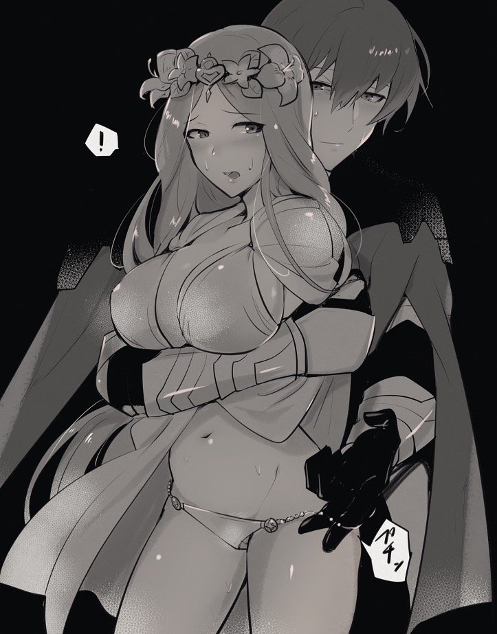 armor artist_request bikini_bottom bikini_top black_and_white black_background breasts breasts_out byleth_(fire_emblem) byleth_(fire_emblem)_(male) cape crotch_lines dress fire_emblem fire_emblem:_three_houses greyscale imminent_sex large_breasts navel nintendo rhea_(fire_emblem) rhealeth simple_background smile smirk surprised sweatdrop taking_clothes_off