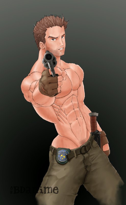 aiming_at_viewer chris_redfield gun holding_gun human male male_only muscular_male resident_evil solo standing tagme topless