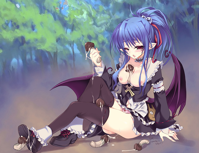 alwen alwen_du_moonbria bat_wings blue_hair breasts demon_girl falcom hair_ribbon kumatora_tatsumi mushroom original panties pink_panties pointy_ears red_eyes ribbon sexually_suggestive thighhighs underwear wings zettai_ryouiki zwei zwei!! zwei_2 zwei_ii