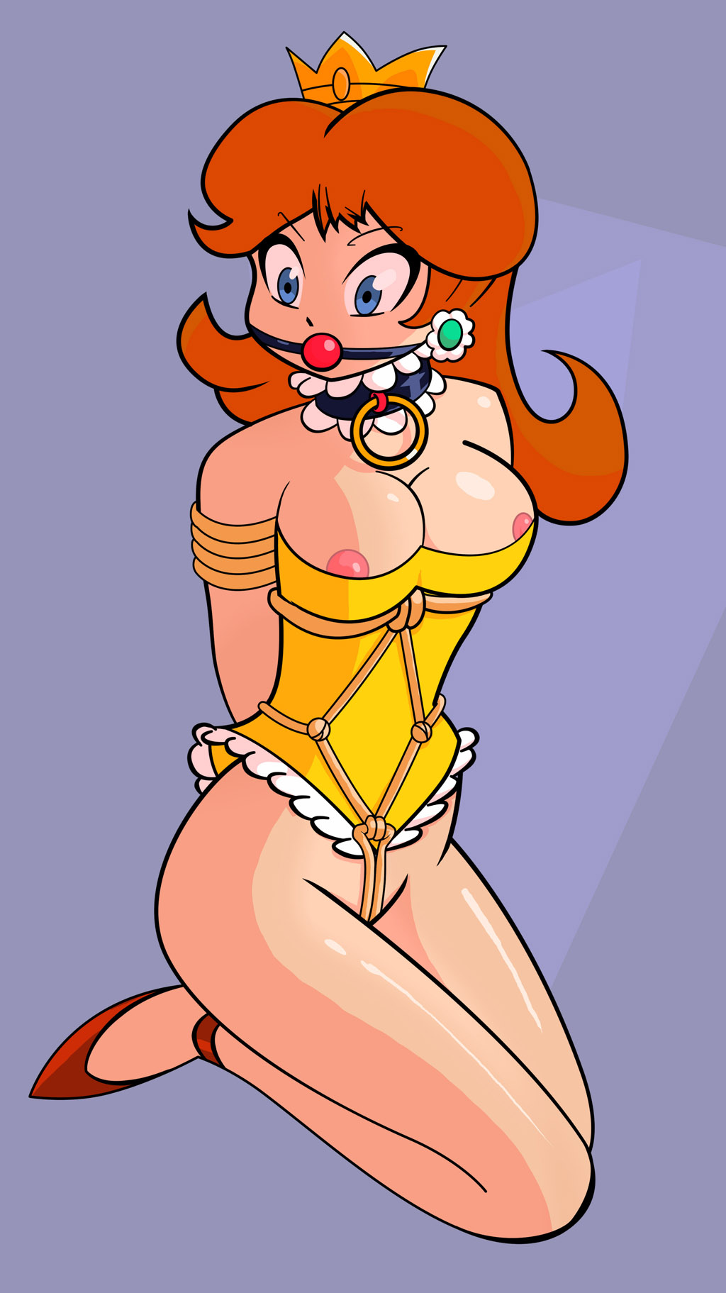 arms_behind_back atomictiki ball_gag bare_shoulders blue_eyes bondage bound bound_arms breasts brown_hair choker cleavage collar enslaved_royal female female_only gag gagged highres human kneeling mario_(series) nintendo nipples princess princess_daisy rope royalty solo straight_hair worried