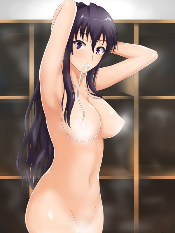 armpits arms_behind arms_behind_back arms_up breasts kanzaki_kaori kaori_kanzaki long_hair mouth_hold nude purple_eyes purple_hair steam tetora to_aru_majutsu_no_index uncensored