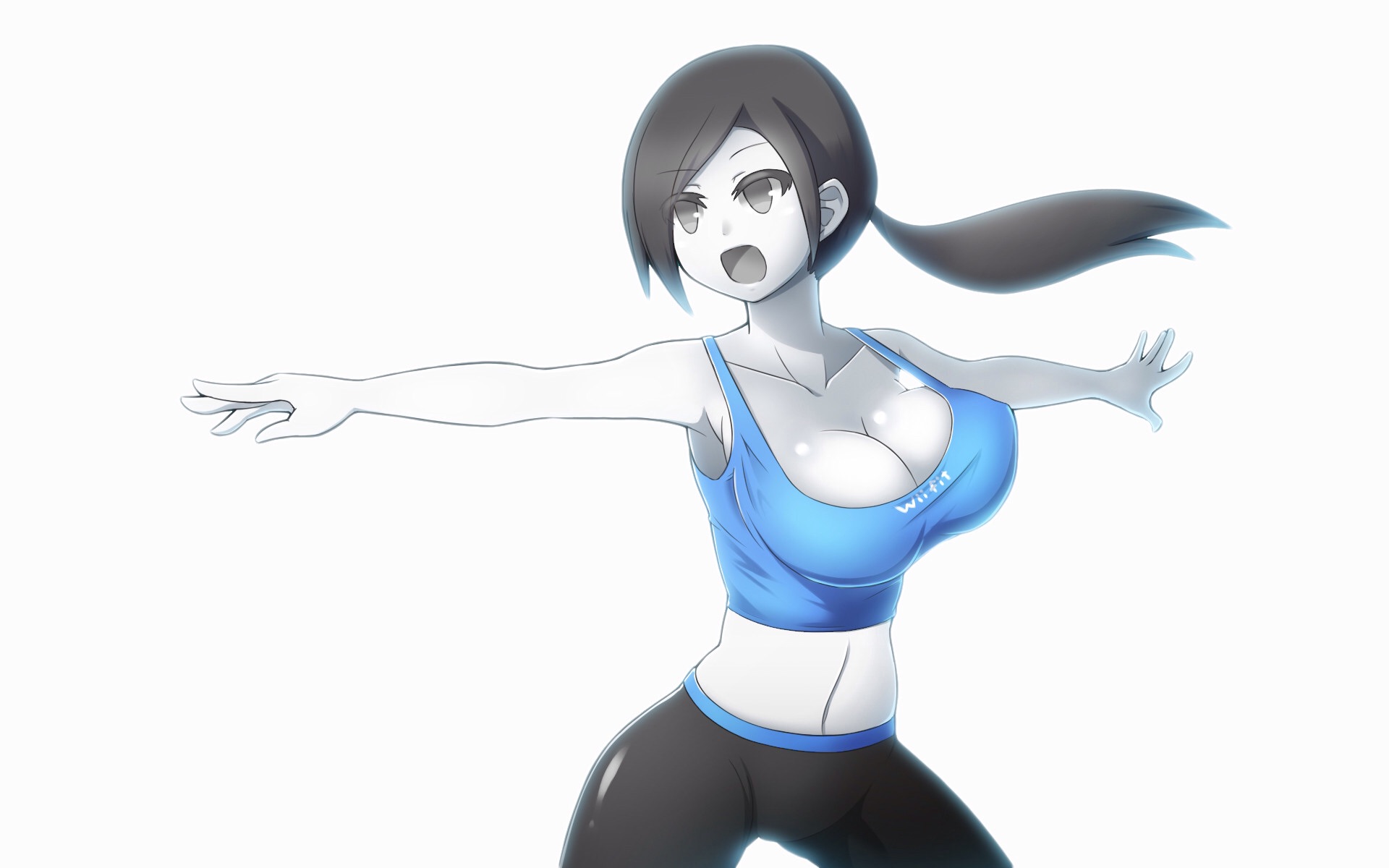 :o, 1girls, artist request, breasts, cleavage, clothed, female, female only, huge breasts, large breasts, ponytail, solo, tied hair, white skin, wii fit, wii fit trainer, wii fit trainer (female)