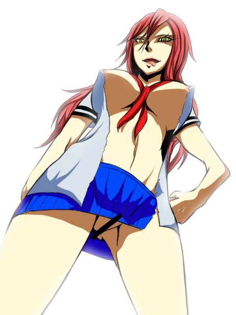 censored female female_only from_below genuine kuro_fn majin_tantei_nougami_neuro open_mouth perspective red_hair solo tongue tongue_out torn_clothes upskirt