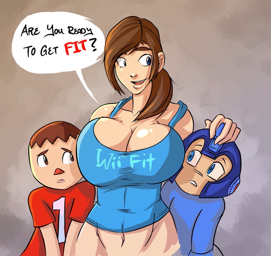 1girls, 2boys, abs, age difference, animal crossing, animal crossing boy, blue eyes, breast press, breasts, brown eyes, brown hair, busty, capcom, cleavage, clothed, clothes, collarbone, crossover, deviantart, female, grey background, hair, hand on another's head, helmet, huge breasts, human, large breasts, male, mega man, mega man (character), mega man (classic), milf, multiple boys, multiple males, navel, nintendo, older female, only player, open mouth, red shirt, shirt, short hair, simple background, size difference, smile, speech bubble, super smash bros., super smash bros. for nintendo 3ds and wii u, tank top, teeth, text, tight clothing, upper body, villager (animal crossing), voluptuous, wii fit, wii fit trainer, wii fit trainer (female), worried, younger male