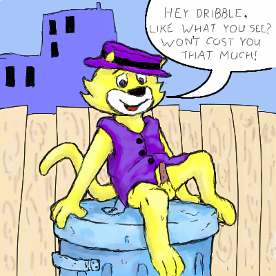 anthro background bottomless cat color dialogue english_text furry furry_only hanna-barbera male male_only open_mouth outdoors sitting solo tagme text toony top_cat top_cat_(series) trashcan