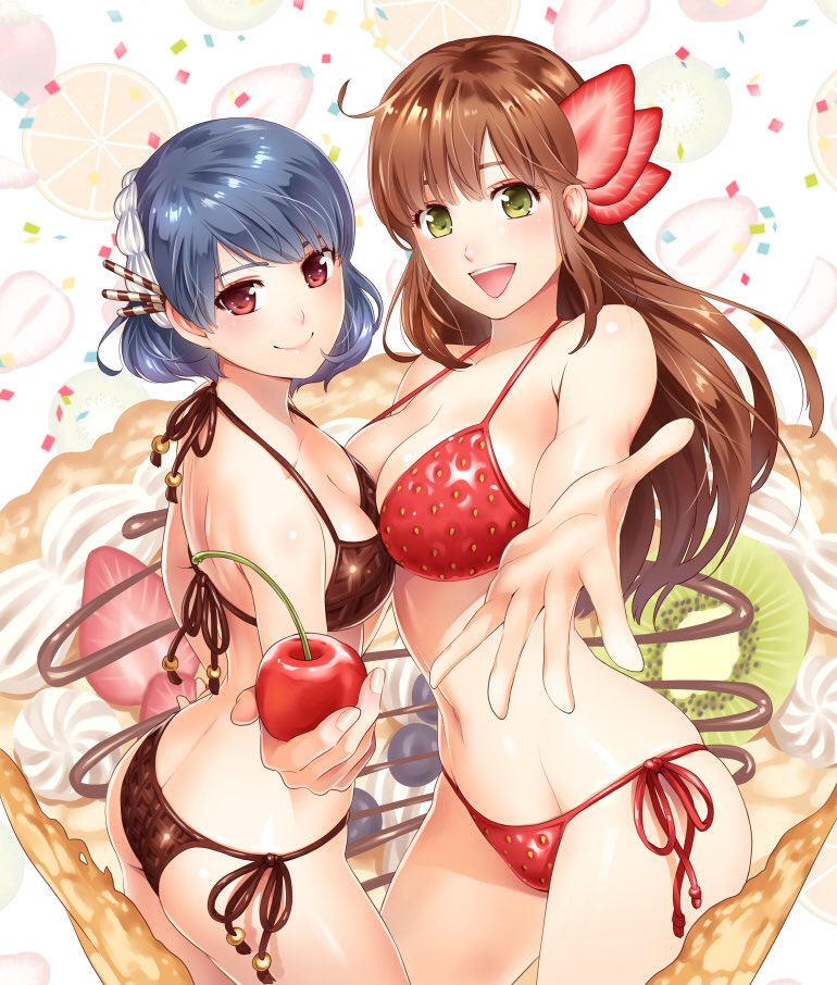 2girls ass berry big_breasts bikini blue_hair breasts breasts_touching brown_hair candy_cane cherry cleavage domestic_na_kanojo green_eyes happy highres kei_sasuga looking_at_viewer multiple_girls official_art reaching_out reaching_towards_viewer short_hair smile smiling strawberry strawberry_print tachibana_hina tachibana_rui thick_thighs thighs very_long_hair