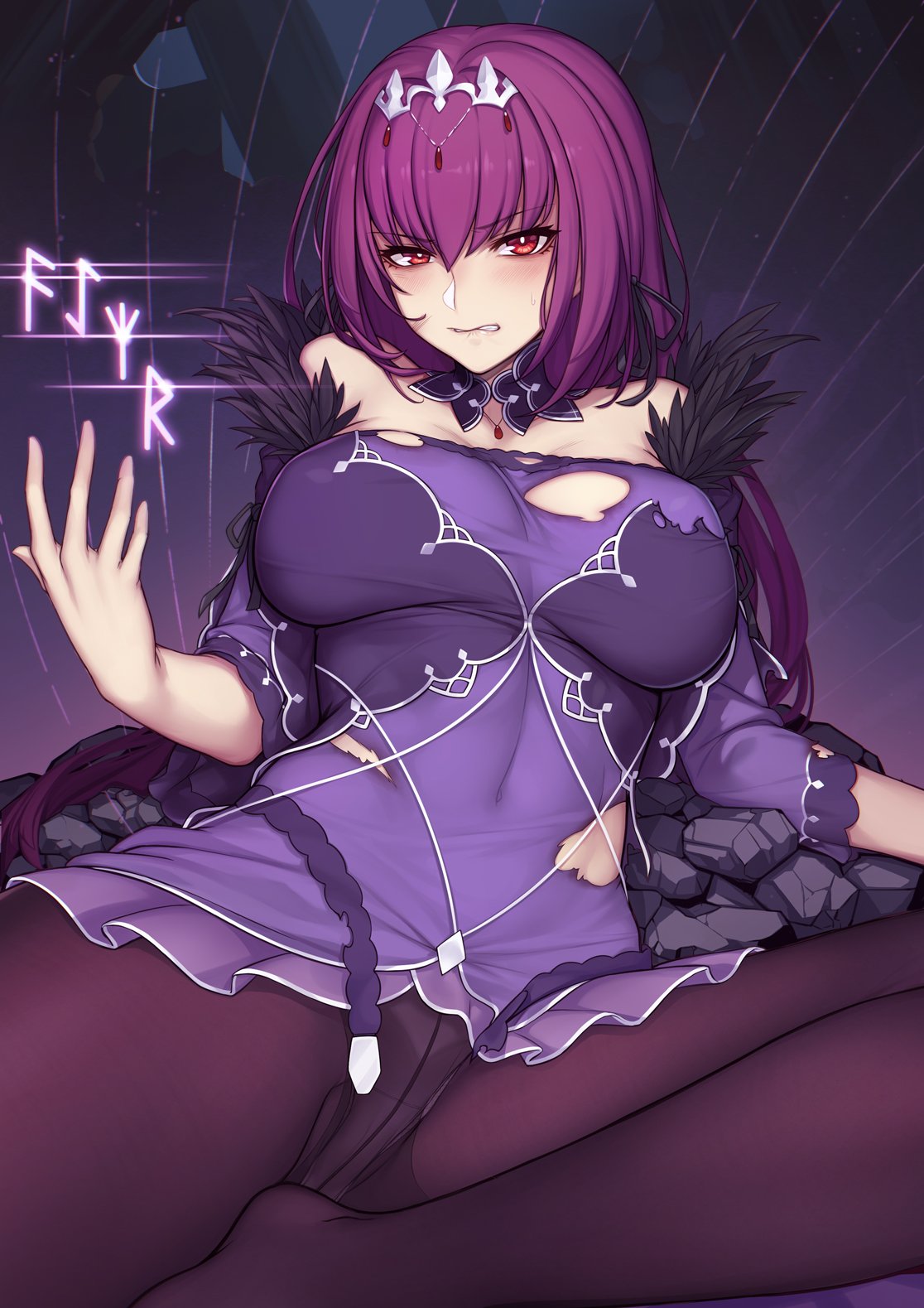 1girls biting_lip blush breasts curvy damaged_clothes evan_yang fate/grand_order fate_(series) female female_only huge_breasts looking_at_viewer panties pantyhose purple_clothing purple_hair red_eyes ripped_clothing scathach_(fate) scathach_skadi skirt tagme thighhighs tiara