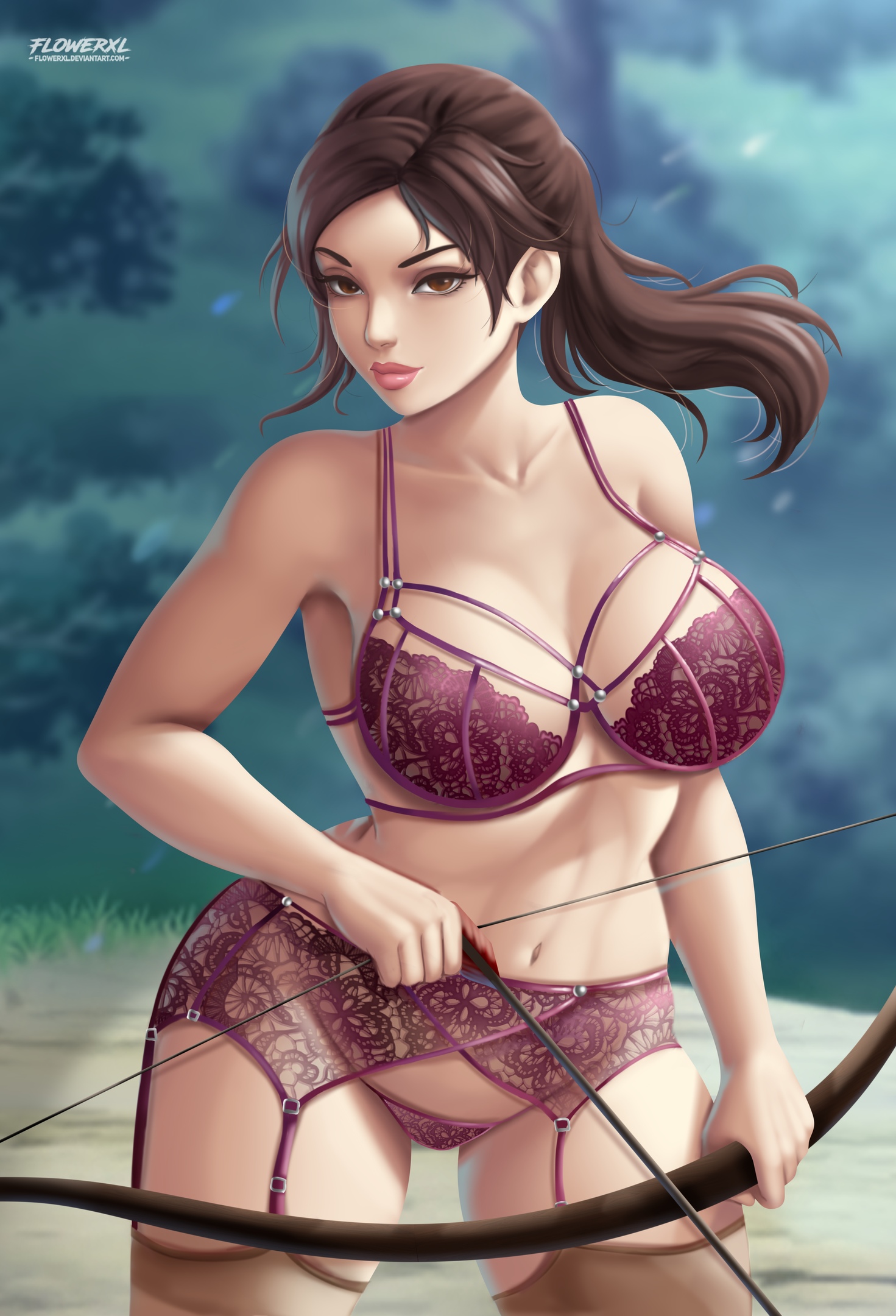 big breasts, bra, breasts, cleavage, female, female only, flowerxl, g-string, garter belt, lace, lara croft, lara croft (survivor), lingerie, nipples, nipples visible through clothing, nude stockings, panties, purple lingerie, small panties, solo, solo focus, stockings, tomb raider, tomb raider (survivor)