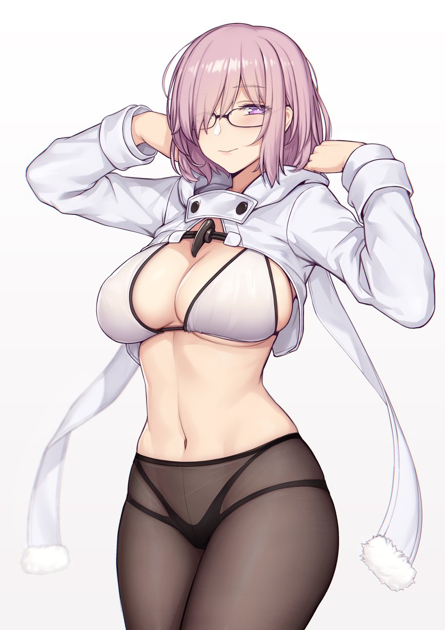 big_breasts bra cleavage evan_yang fate/grand_order fate_(series) glasses mash_kyrielight panties pantyhose pink_hair revealing_clothes see-through short_hair tagme