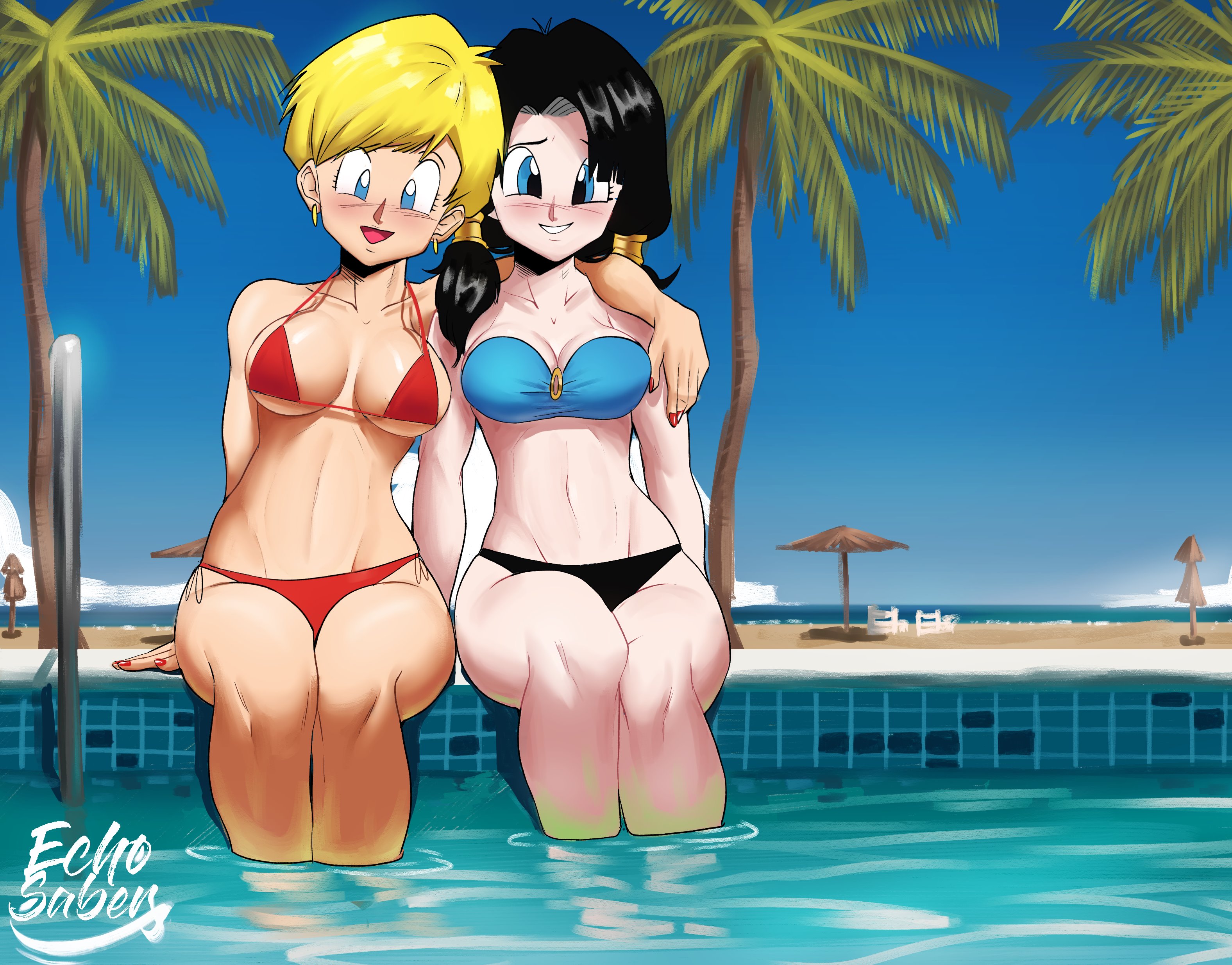 2girls, arm around shoulders, bikini, blonde hair, dragon ball, dragon ball z, echosaber, erasa, female, female only, multiple females, multiple girls, shounen jump, smiling, swimming pool, twintails, videl