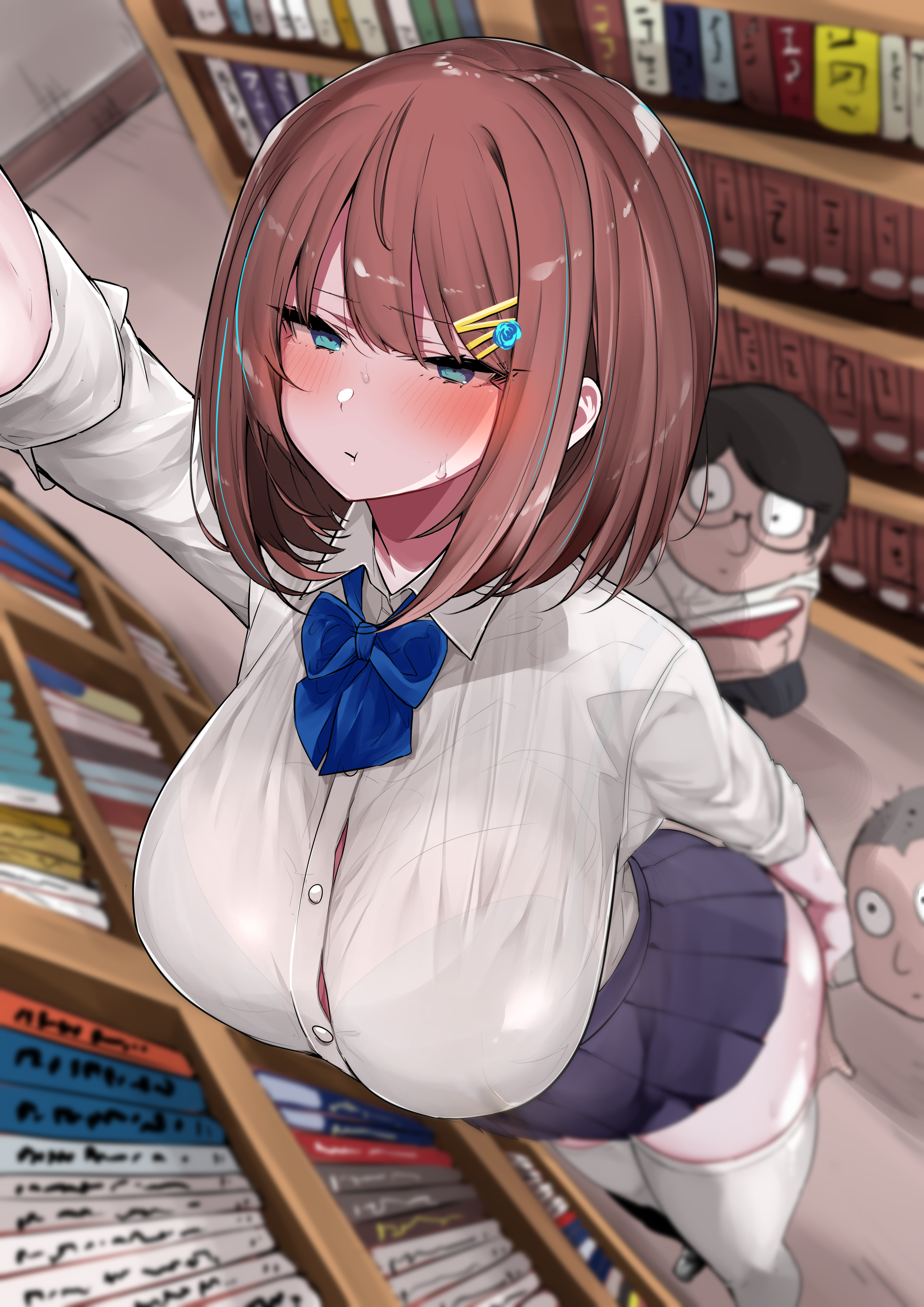 ass, blush, breasts, busty, covering, covering ass, covering crotch, embarrassed, female, highres, library, male, original, school uniform, schoolgirl, see-through, skirt