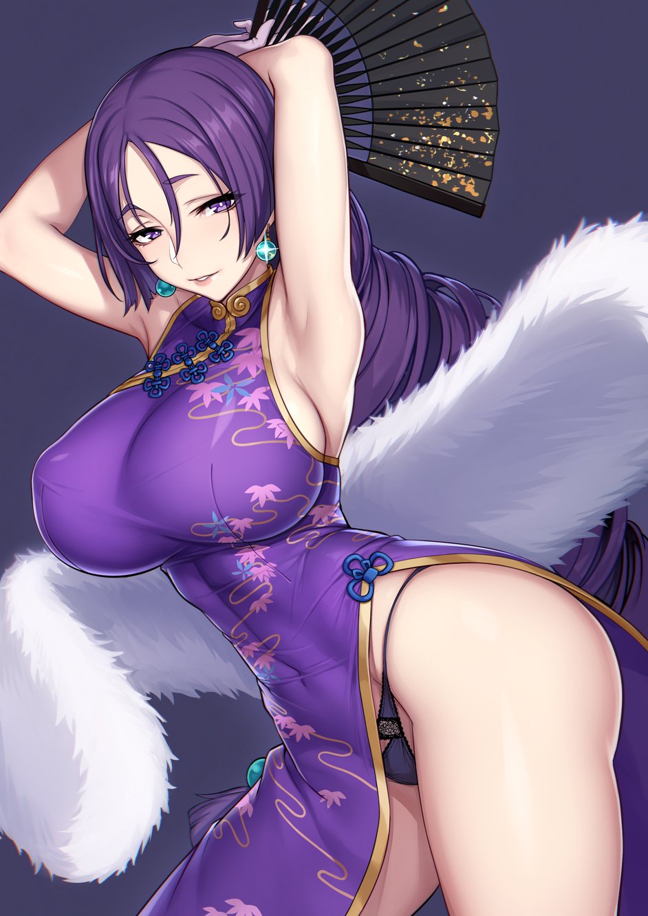 armpits arms_up big_breasts earrings evan_yang fan fate/grand_order fate_(series) long_hair looking_at_viewer minamoto_no_raikou_(fate/grand_order) nipples_visible_through_clothing panties purple_dress purple_eyes purple_hair tagme thick_thighs traditional_clothes