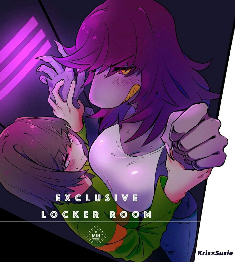 angry, big breasts, breasts, brown hair, clothing, dark hair, deltarune, dinosaur, embarrassed, female, grabbing, kris (deltarune), locker, locker room, long hair, looking at another, looking down, looking up, male, pink eyes, purple hair, red eyes, short hair, smaller male, smile, straight, susie (deltarune), tagme, taller female, teeth clenched, yellow sclera