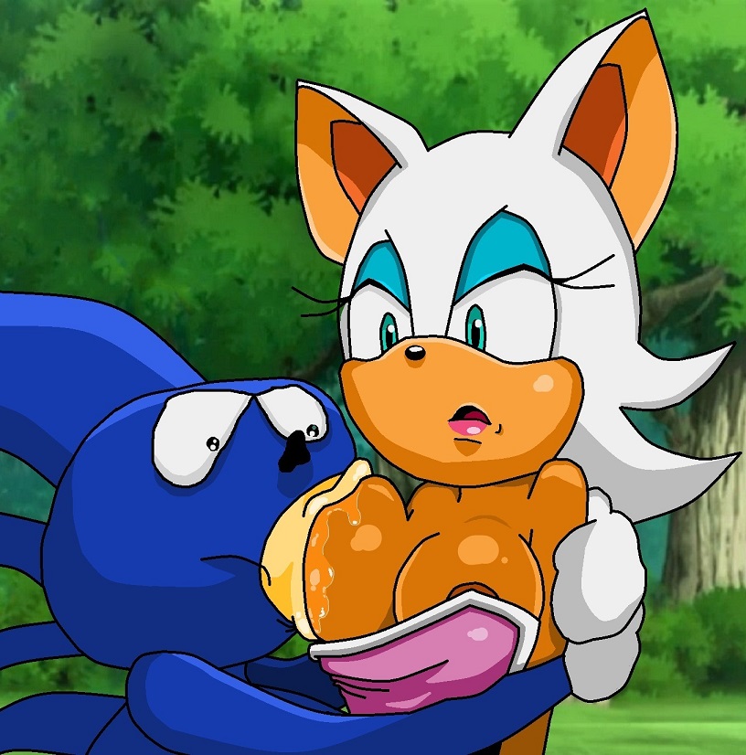 1boy areola areola_slip bat big_breasts breast_sucking breasts female furry hug hugging meme rouge_the_bat saliva sanic_hegehog sonic_(series) sonic_the_hedgehog surprised surprised_expression