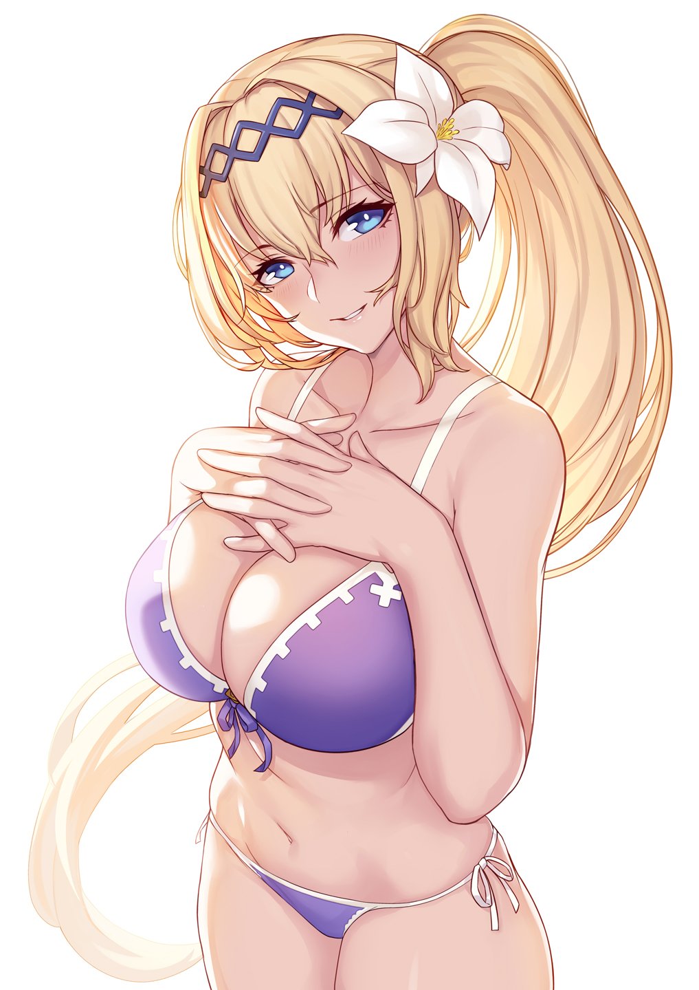 big_breasts bikini blonde_hair blue_eyes cleavage evan_yang flower granblue_fantasy hair_flower hands_on_breasts headband jeanne_d'arc_(granblue_fantasy) looking_at_viewer purple_bikini