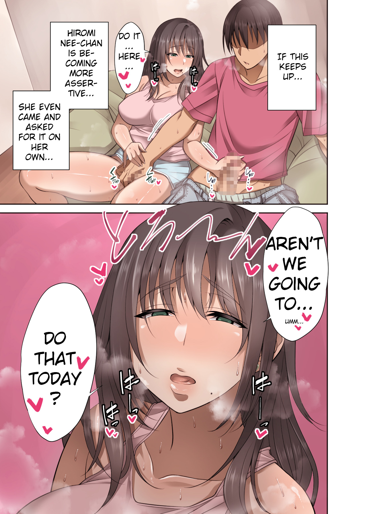 beauty mark, begging for more, breasts, censored, cheating, cheating wife, cleavage, clothing, comic, cousins, eyes half open, female, fingering, handjob, huge breasts, incest, korotsuke, mole, mole under mouth, original, skirt, thick thighs