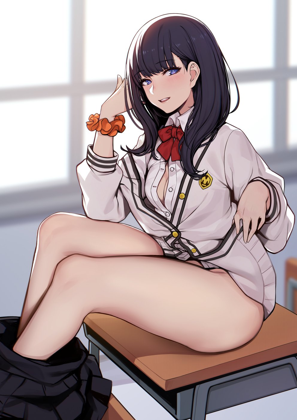 black_hair blue_eyes bow cleavage evan_yang looking_at_viewer pants_down seductive skirt_removed ssss.gridman takarada_rikka thick_thighs unbuttoned