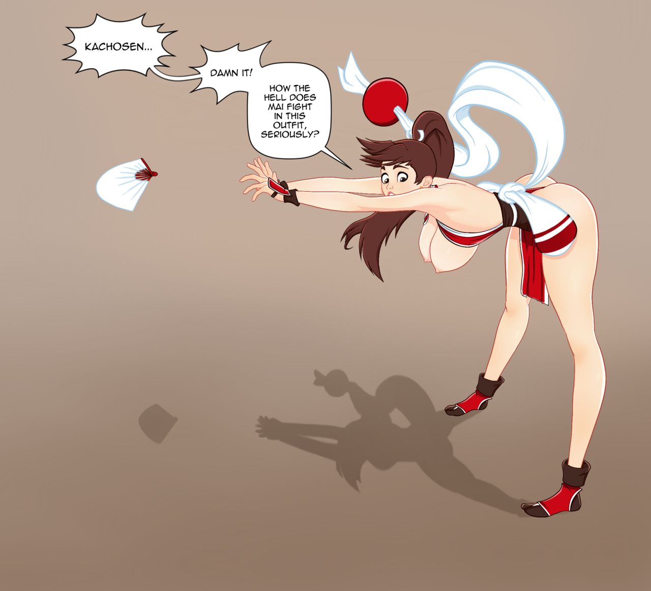 1girls ass bend bending breasts breasts_out brown_hair cosplay fatal_fury female female_only king_of_fighters long_hair mai_shiranui mybadbunny ponytail skimpy skimpy_clothes snk solo wind