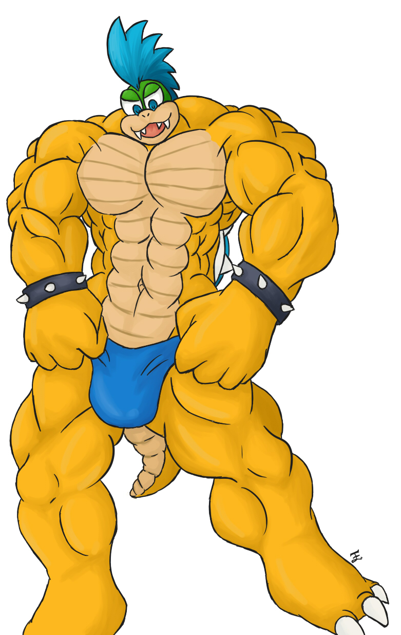 anthro blue_eyes blue_hair bracelet bulge clothing hair hi_res jewelry koopa koopaling larry_koopa male male_only mario_(series) muscular muscular_male nintendo paintedpaper scalie shell solo speedo spiked_bracelet spiked_shell spikes swimwear video_games yellow_body yellow_skin