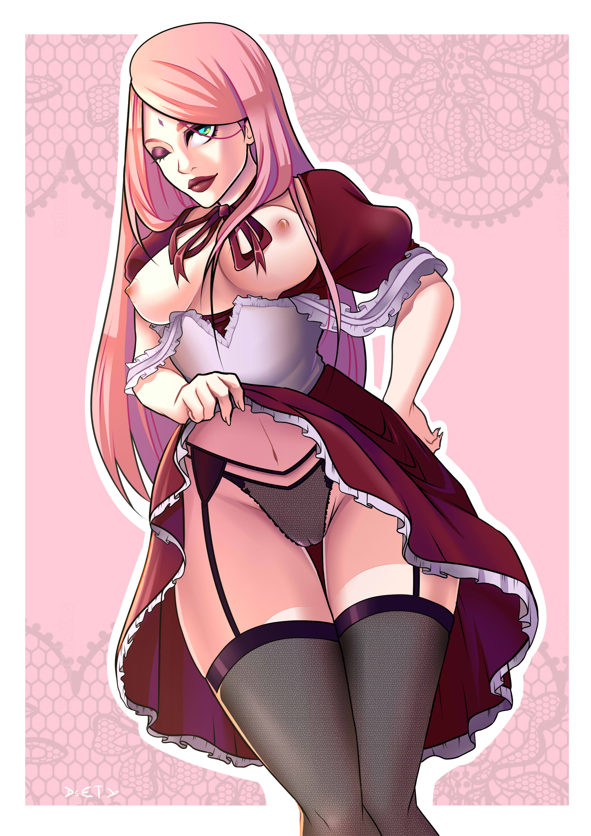 1girls, alternate hairstyle, areolae, asetr, boruto: naruto next generations, breasts, breasts out of clothes, cameltoe, eyeshadow, facial mark, female, female only, forehead mark, green eyes, lifted by self, lipstick, long hair, looking at viewer, maid, maid uniform, makeup, naruto, naruto (series), nipples, no bra, one eye closed, panties, pink hair, pussy, red lips, sakura haruno, smile, solo, stockings, underwear, wide hips