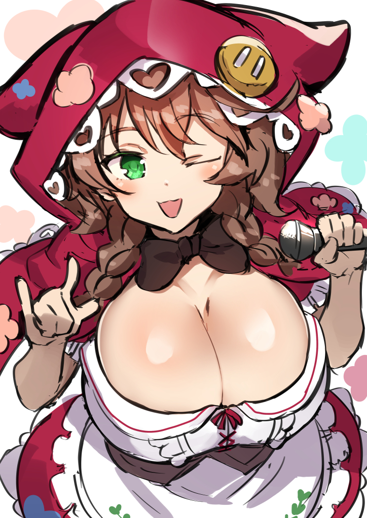 1girls bowtie braid breasts brown_hair cleavage female green_eyes hood huge_breasts microphone nijisanji nuezou solo twin_braids twintails virtual_youtuber warabeda_meiji warabeda_meijii wink