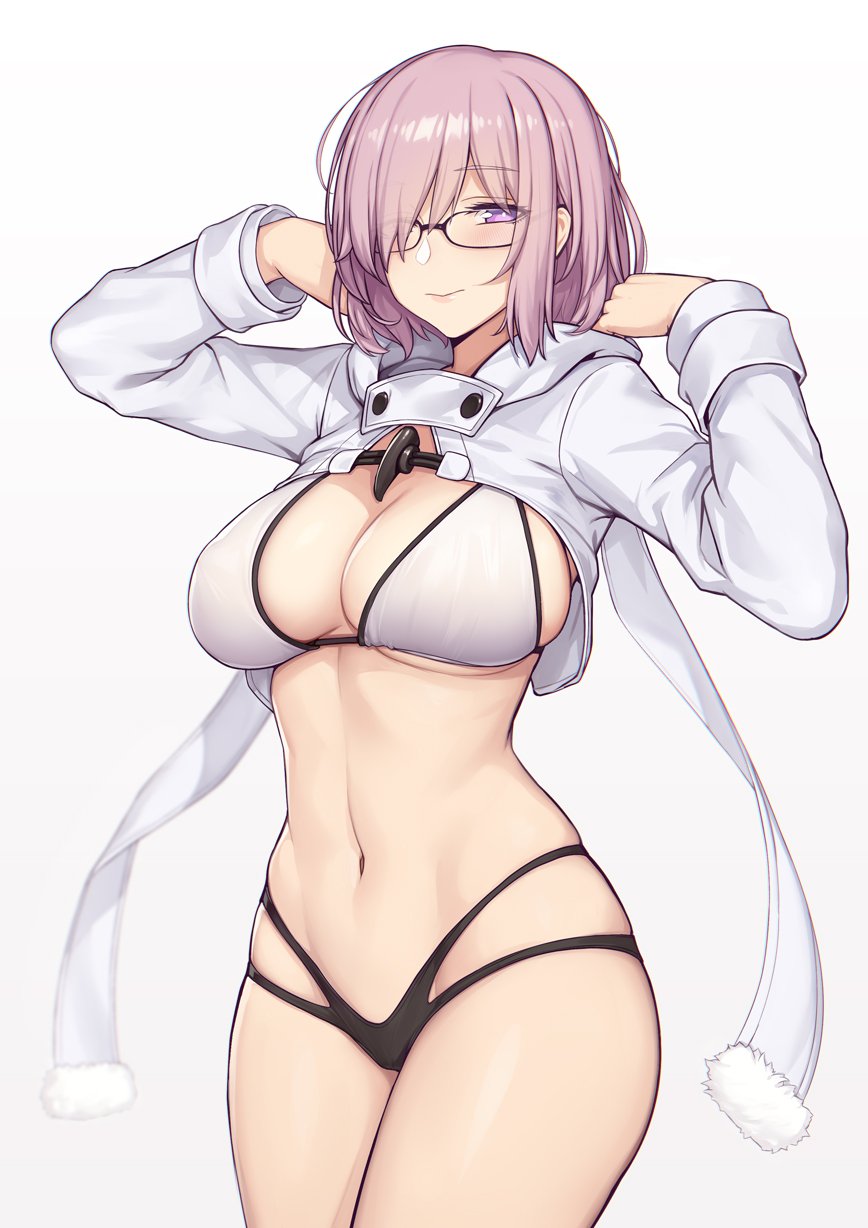 big_breasts bra cleavage evan_yang fate/grand_order fate_(series) glasses mash_kyrielight midriff panties pink_hair revealing_clothes short_hair tagme underboob