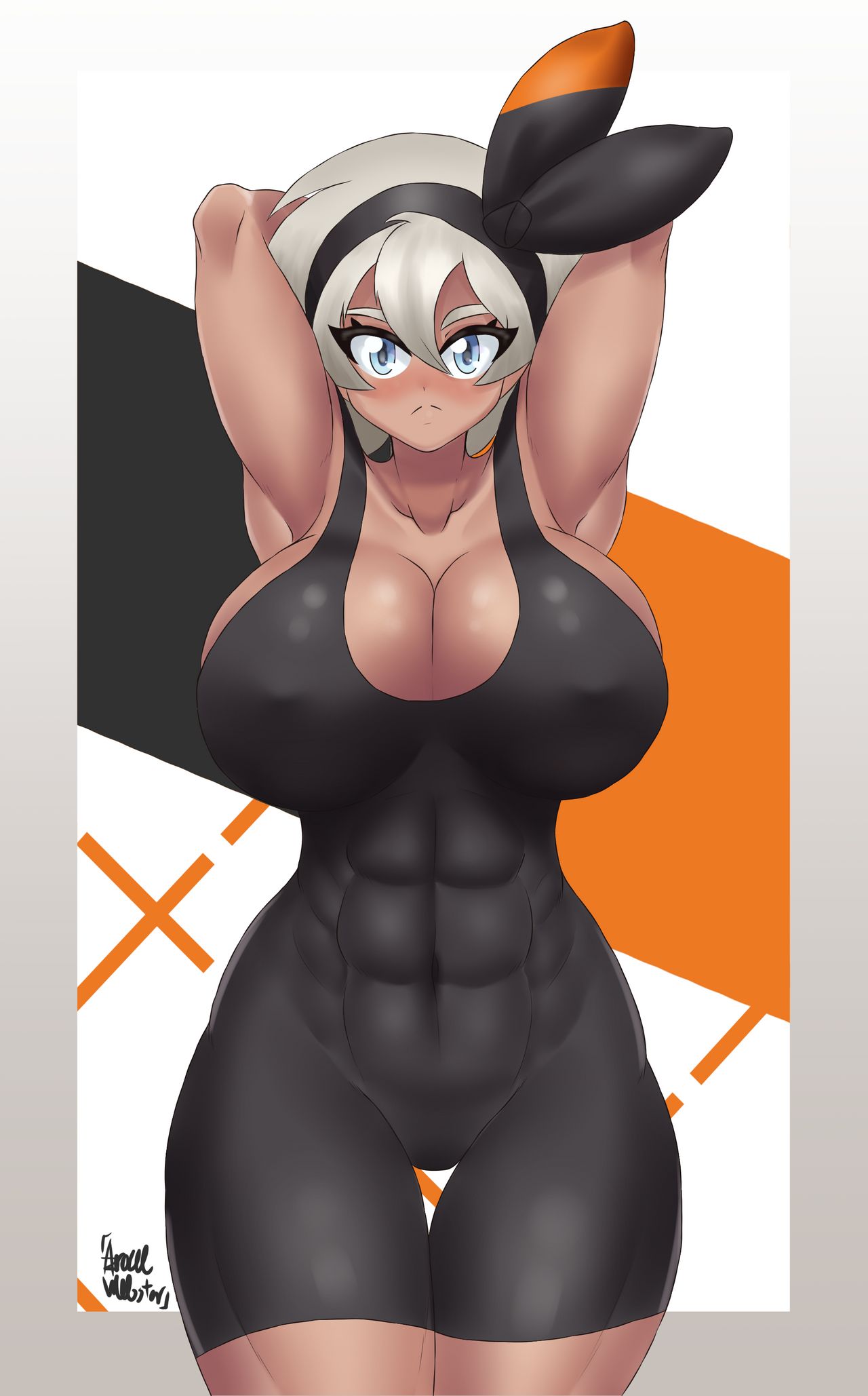 1girls, abs, armpits, arms up, azraelwebster, bare arms, bea (pokemon), big breasts, blue eyes, breasts, brown skin, clothed female, curvy, dark skin, dark-skinned female, erect nipple, erect nipples under clothes, female, female only, grey hair, hourglass figure, huge breasts, large breasts, looking at viewer, muscular, muscular female, mustache, nintendo, nipples, nipples visible through clothing, pokemon, pokemon ss, short hair, solo, standing, tight clothing, wide hips