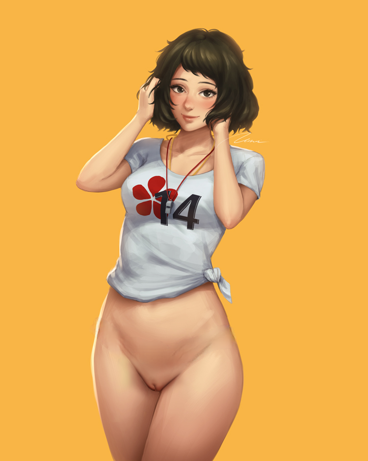 1girls atlus blush casual_exposure cute female female_only female_solo innie_pussy knotted_shirt labia megami_tensei no_panties persona persona_5 pinup pussy sadayo_kawakami shirt_only short_hair slim solo tagme thighs umigraphics umitaro whistle whistle_around_neck wide_hips