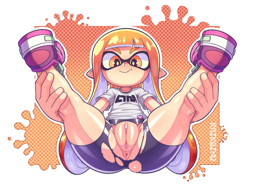 absurd res, animal humanoid, anthro, anus, ass, bike shorts, bottomwear, cephalopod, cephalopod humanoid, clothing, female, hi res, humanoid, inkling, inkling girl, kaikoinu, kaori (splatoon), looking at viewer, mask (marking), nintendo, pointy ears, presenting, pseudo hair, pussy, splatoon, spread legs, spreading, squid, tentacle, tentacle hair, torn clothes, triangular anus, video games