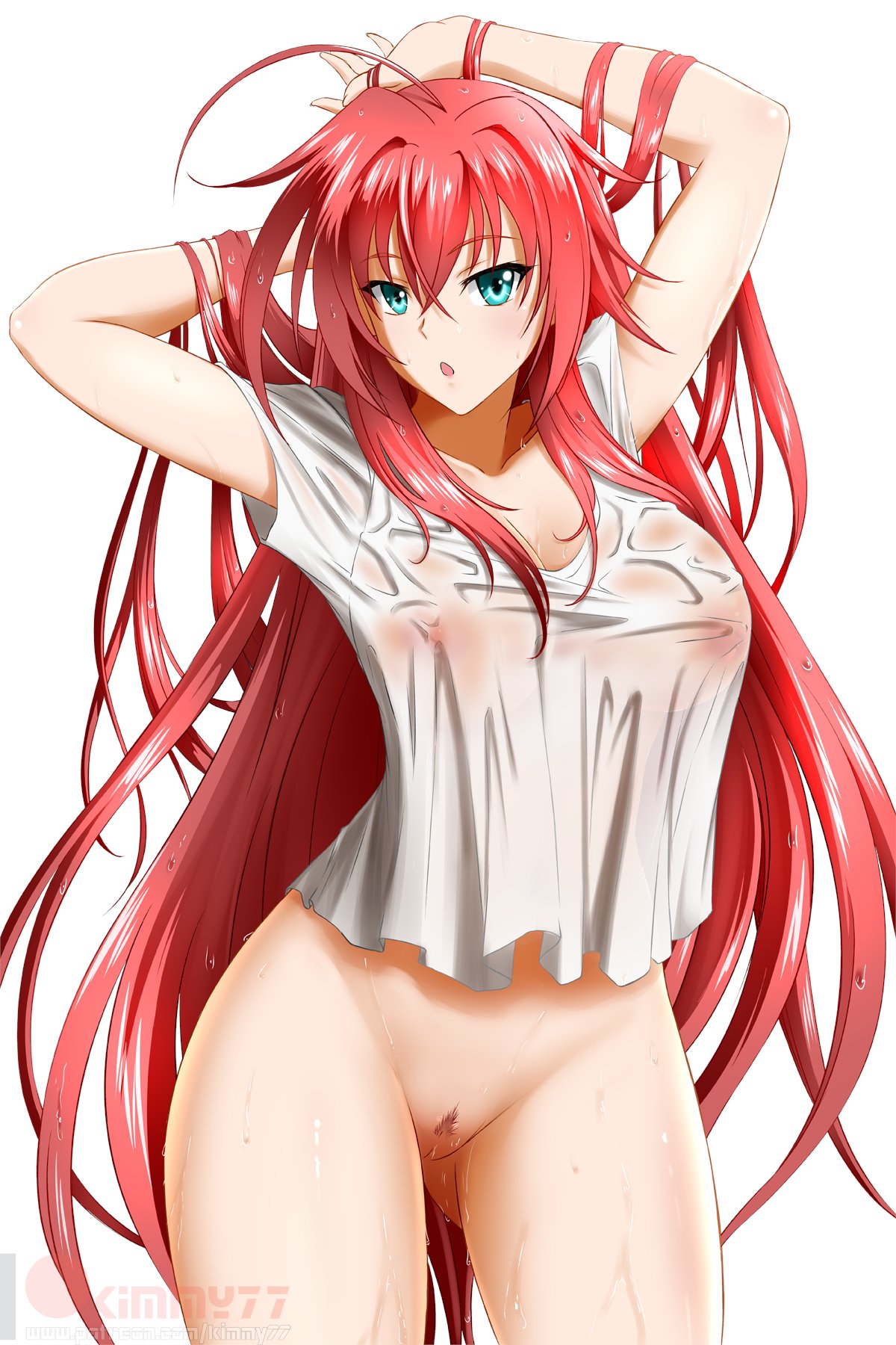 alfred_cullado arms_behind_head arms_up blue_eyes blush bottomless breasts collarbone female hands_in_hair high_school_dxd highres large_breasts long_hair looking_at_viewer nipples no_bra open_mouth pubic_hair pussy red_hair rias_gremory shirt short_sleeves uncensored wet wet_clothes wet_shirt white_background white_shirt