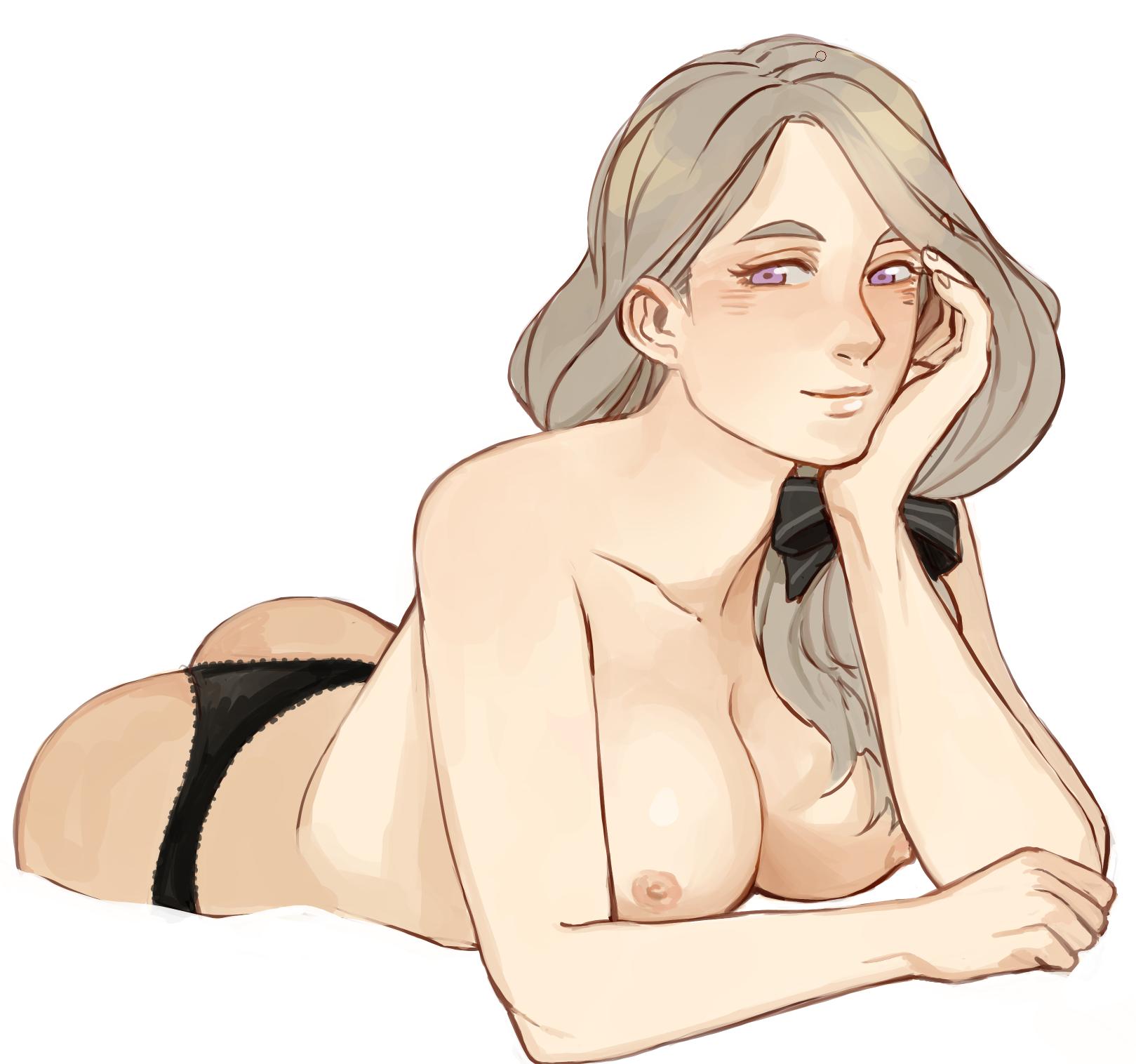 1girls, artist request, ass, black panties, blonde hair, blue eyes, breasts, female, fire emblem, fire emblem: three houses, hand on cheek, hand on chin, large breasts, long hair, looking at viewer, lying, lying on stomach, mercedes von martritz, nude, nude female, panties, panties only, ponytail, side ponytail, smile, source request, topless
