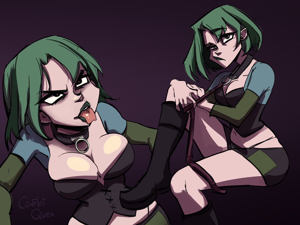 1girls, barely contained, big breasts, black eyes, blue lipstick, boots, breasts, choker, cleavage, confleiqueen, corset, female, female only, goth, green hair, gwen (tdi), human, human only, leash, midriff, short hair, tongue, tongue out, total drama island