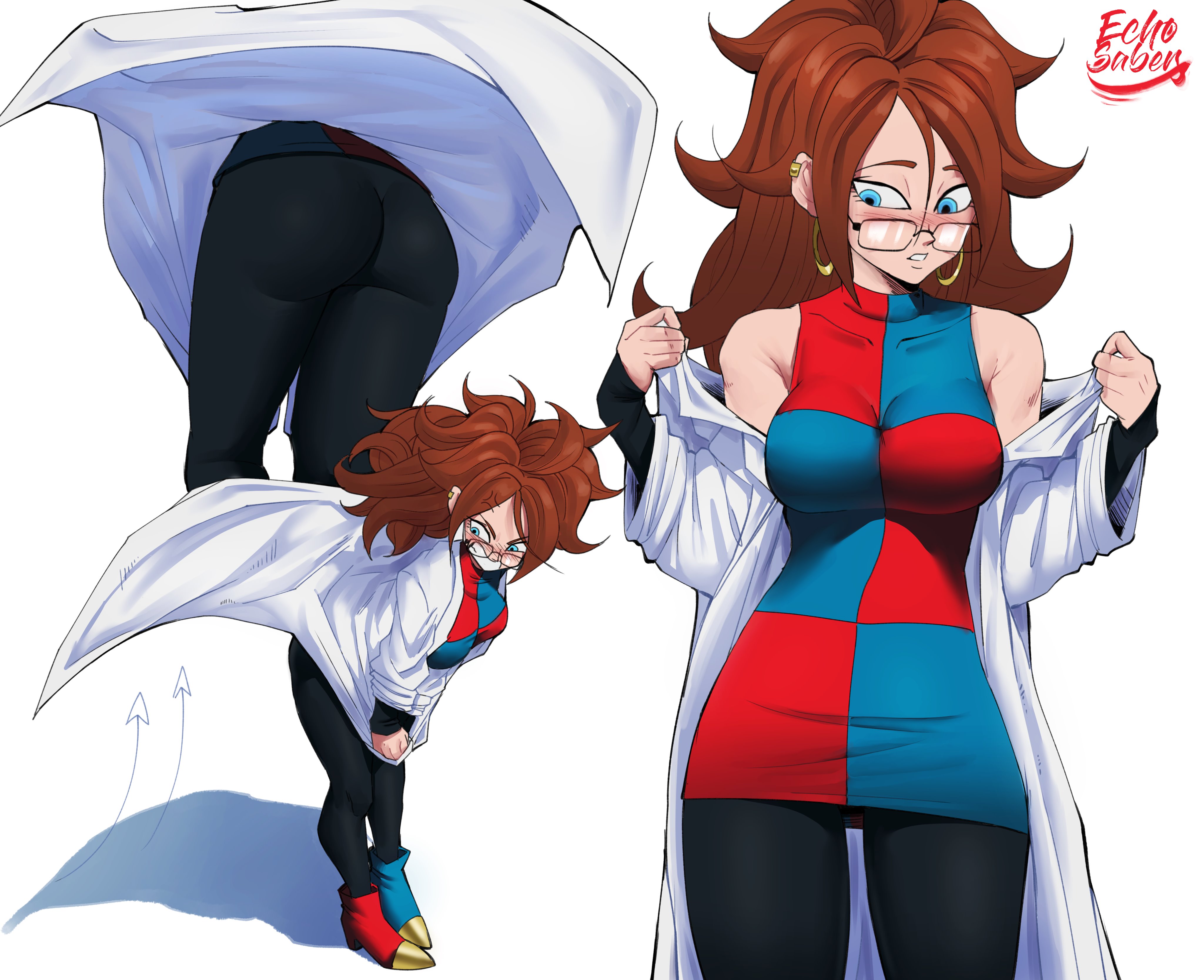 1girls, android, android 21, android 21 (human), angry, ass, ass focus, big ass, black legwear, blue eyes, breasts, brown hair, coat, dragon ball, dragon ball fighterz, earrings, echosaber, embarrassed, female, female only, fully clothed, glasses, leggings, multiple angles, scientist, shoulders, shounen jump, white background