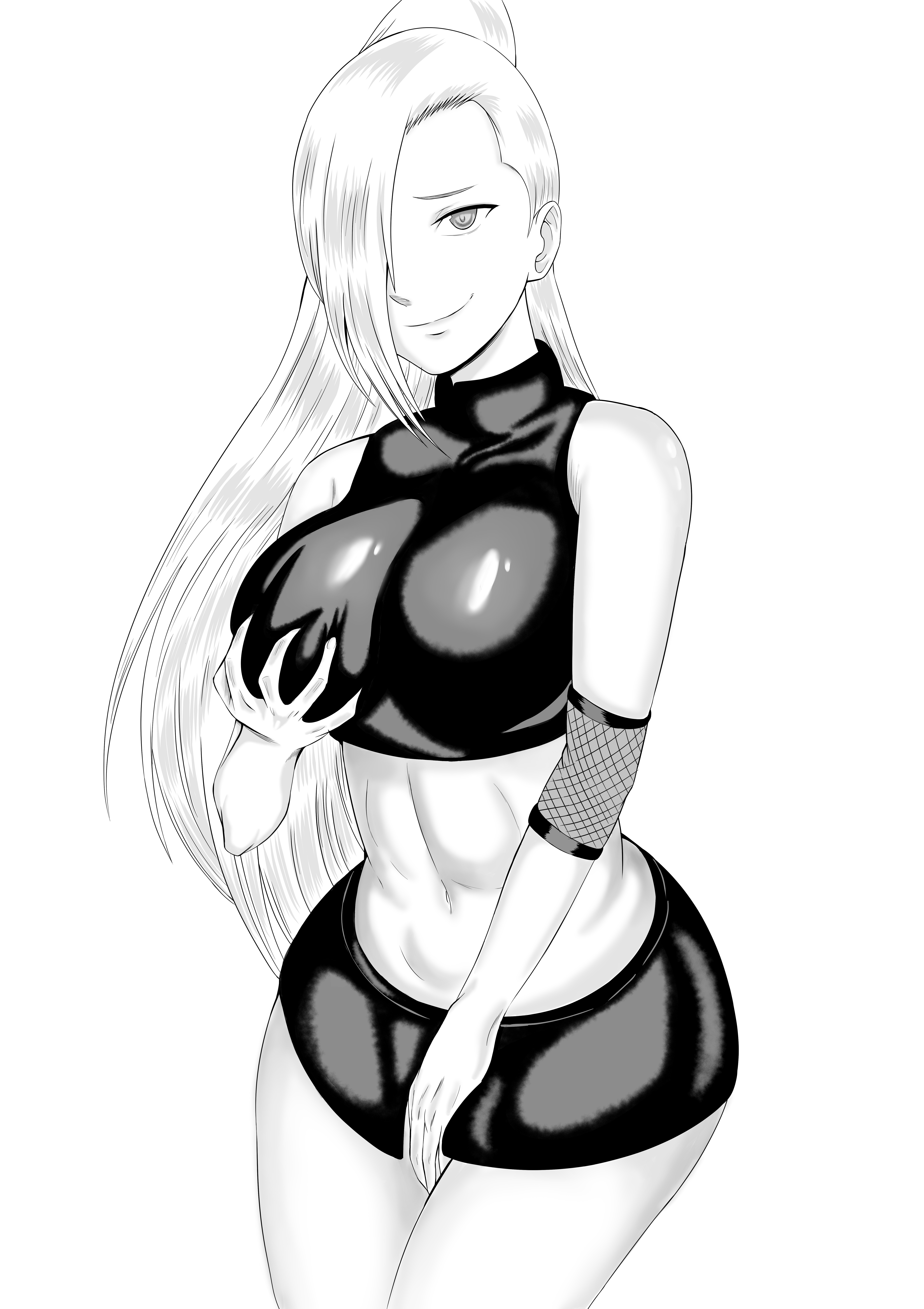 1girls, big breasts, black and white, breast grab, breasts, drawing, female, female only, hair over one eye, hand on crotch, ino yamanaka, long hair, looking at viewer, naruto, naruto (series), naruto shippuden, ponytail, simple background, smile, tied hair, white background, wide hips