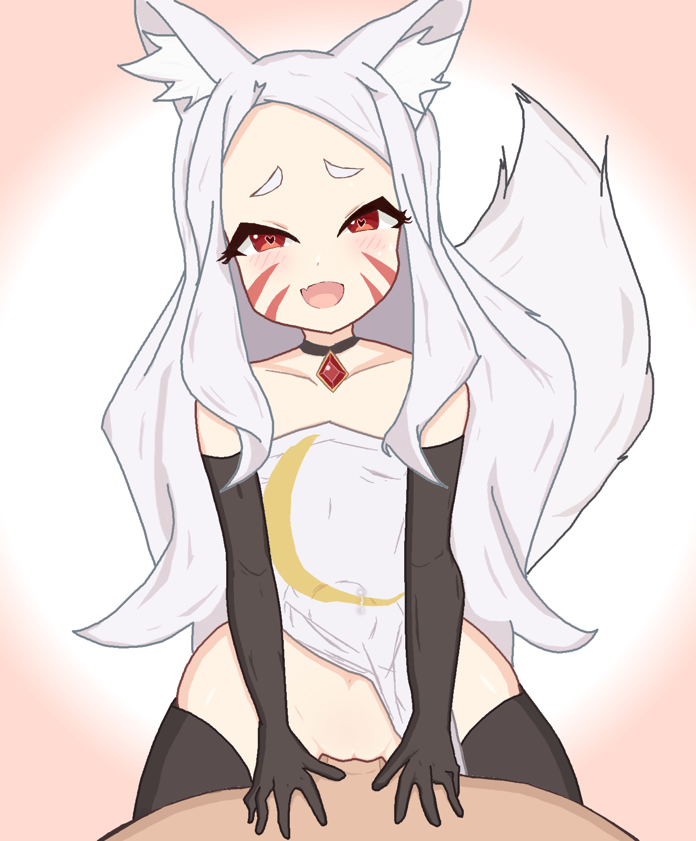 1girls, bottomless, cowgirl position, cute face, female, fox ears, fox girl, fox tail, happy sex, heart-shaped pupils, sewayaki kitsune no senko-san, sex, shiro (sewayaki kitsune no senko-san), thighhighs, white hair