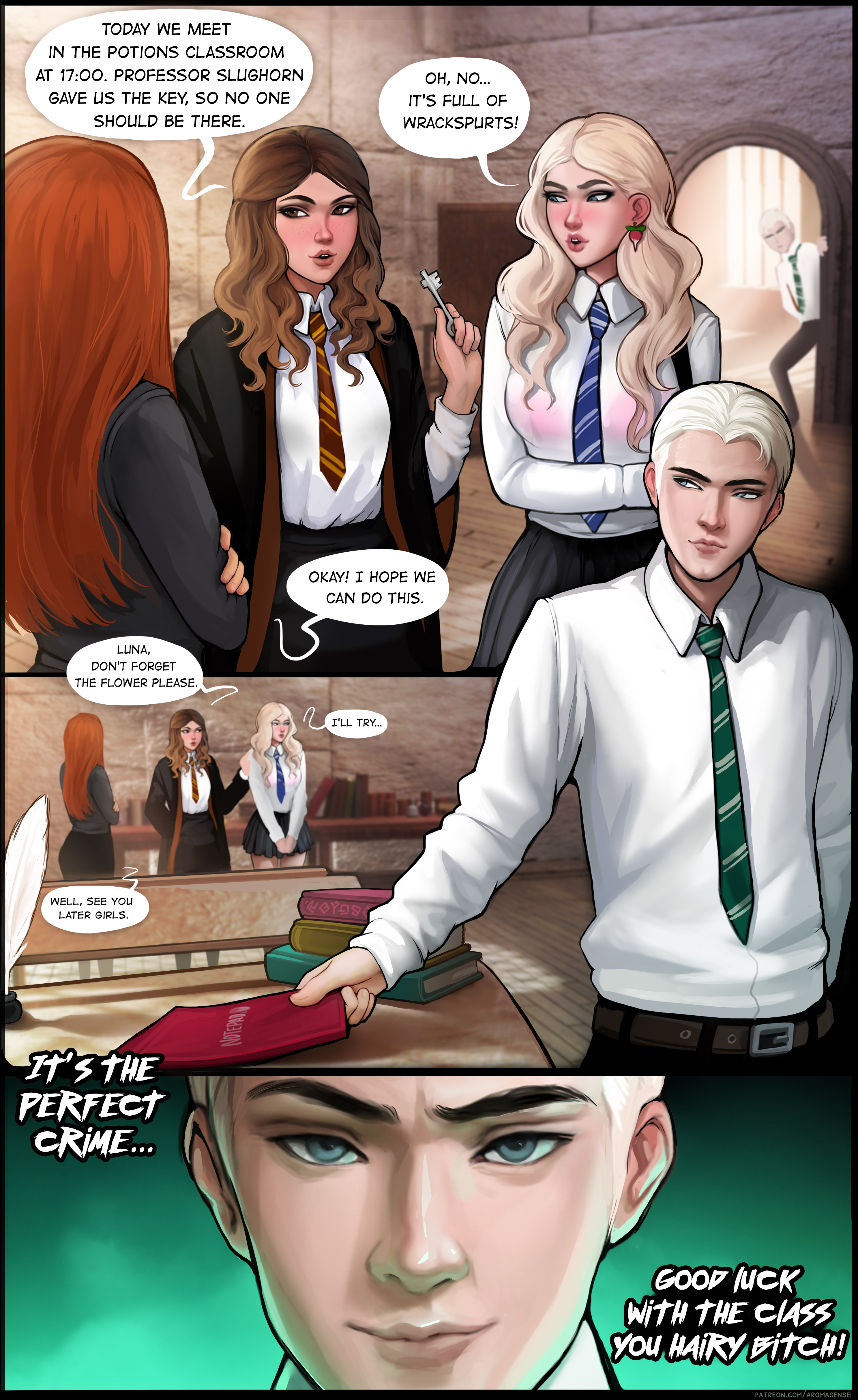 1boy, 3futas, aroma sensei, blonde hair, bra, breasts, brown hair, clothing, comic, curvy, dialogue, draco malfoy, english text, futa sans pussy, futa with futa, futa with male, futanari, ginny weasley, gryffindor, gryffindor tie, harry potter, hermione granger, huge breasts, intersex, large breasts, luna lovegood, male, ravenclaw, ravenclaw tie, red hair, school uniform, see-through, see-through clothing, see-through top, skirt, slytherin, slytherin tie, speech bubble, text, wide hips, witch (harry potter)