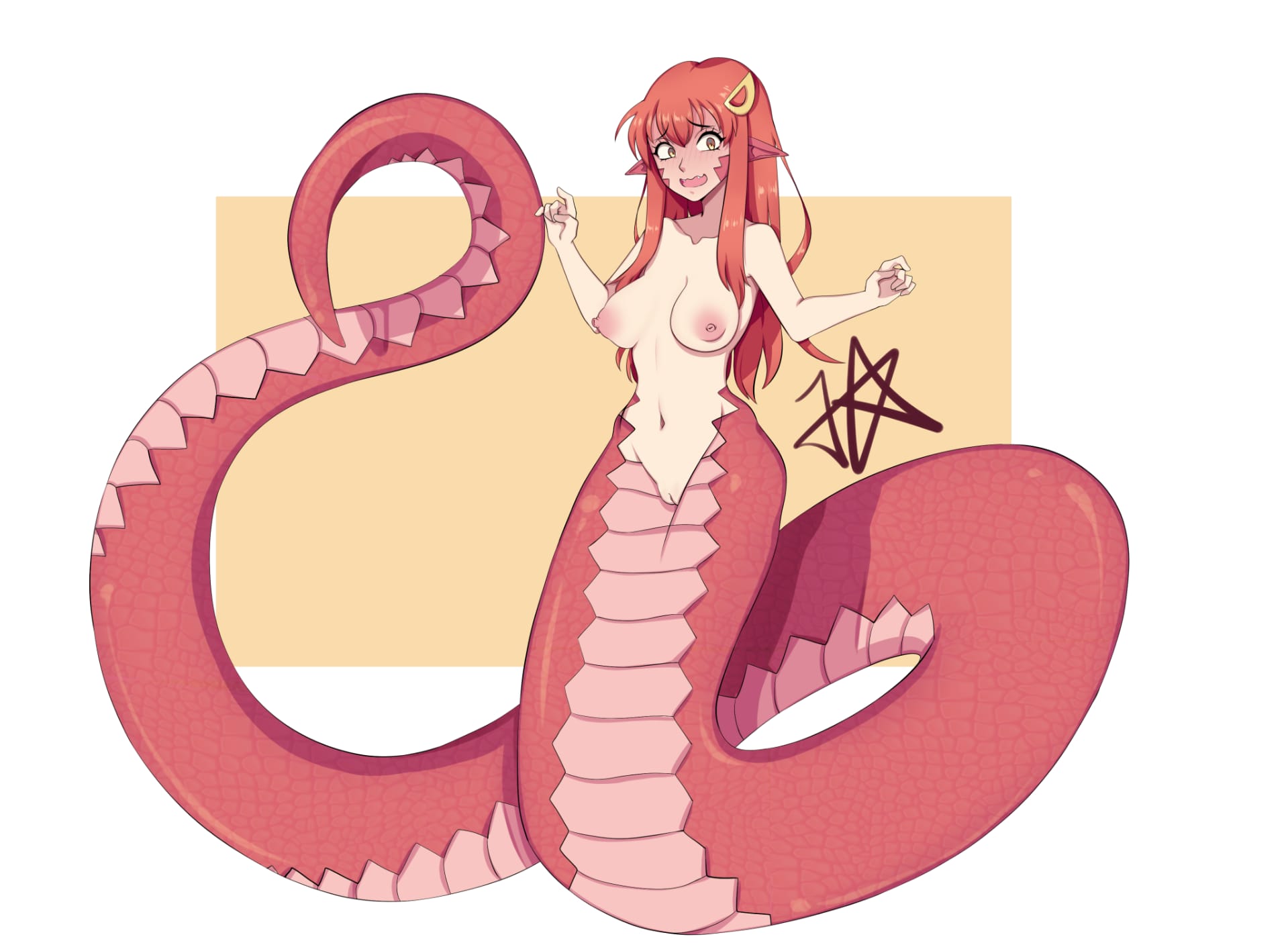1girls, breasts, female, female only, half-human, jojo haruno, lamia, long hair, medium breasts, miia (monster musume), monster girl, monster girl (genre), monster musume no iru nichijou, naga, nude, nude female, red hair, solo