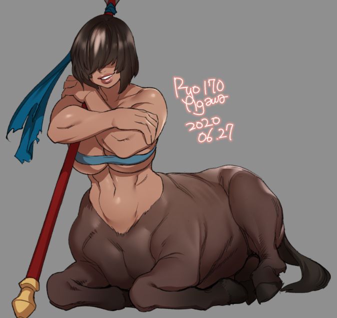 1girls, abs, big breasts, breasts, centaur, cleavage, female, female only, hair over eyes, large breasts, muscles, muscular, muscular female, ryo agawa, solo, taur