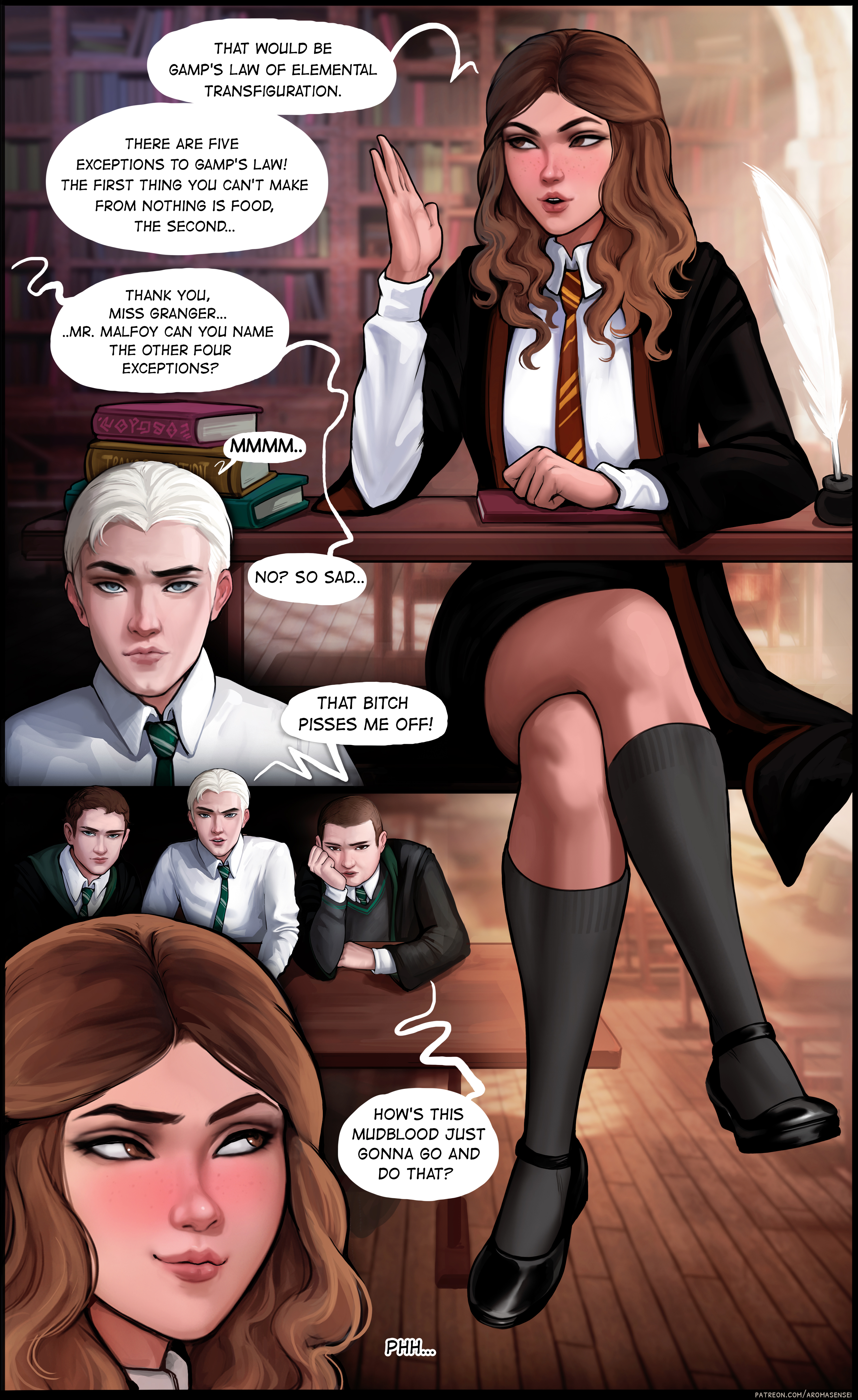 1futa, 3boys, aroma sensei, brown eyes, brown hair, classroom, comic, dialogue, draco malfoy, english text, female, futa sans pussy, futa with male, futanari, gregory goyle, gryffindor, gryffindor tie, harry potter, hermione granger, hogwarts, intersex, kneesocks, long hair, male, male with male, mary janes, school, school uniform, schoolgirl, skirt, slytherin, slytherin tie, speech bubble, talking, text, vincent crabbe, witch (harry potter)