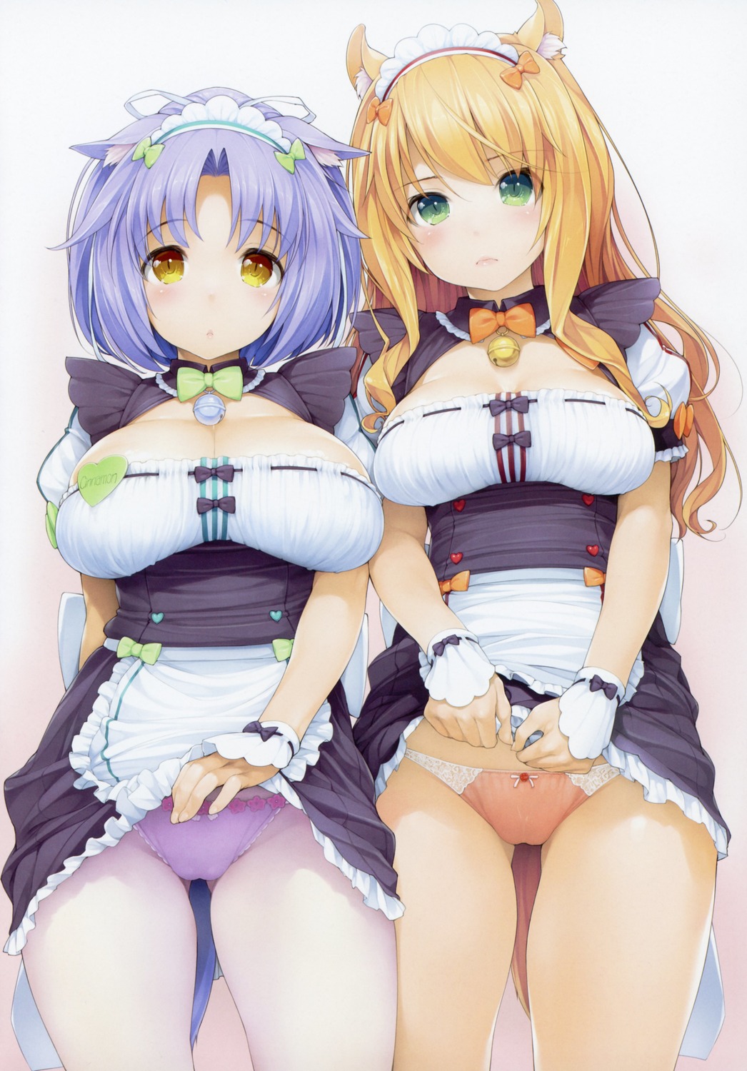 2girls amber_eyes blonde_hair blue_hair bow cameltoe cat_ears cinnamon_(sayori) green_eyes high_res ishikei lace large_breasts maid maid_uniform maple_(sayori) medium_breasts mound_of_venus multiple_girls nekomimi nekopara panties pantyhose pink_panties presenting_panties purple_panties ribbon ribbons skirt_lift underwear uniform