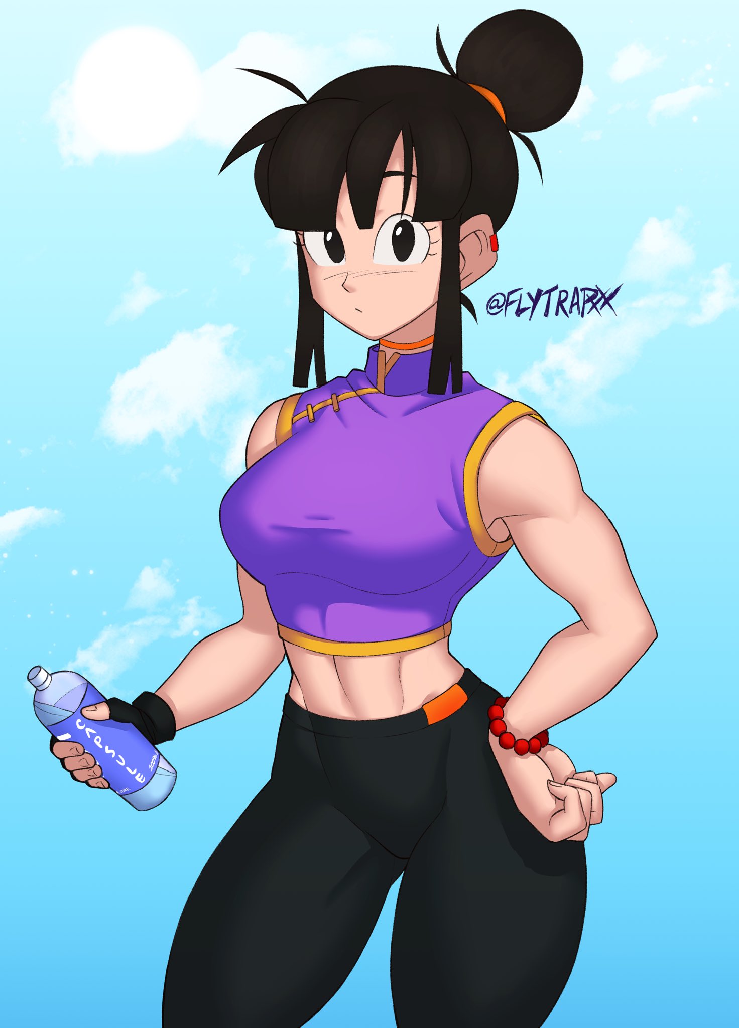 1girls, abs, black eyes, black hair, black legwear, chichi, dragon ball, dragon ball z, female, female only, flytrapxx, fully clothed, gloves, looking at viewer, milf, muscular, muscular female, purple shirt, solo, sports bra, sportswear, thick thighs, wristband, yoga pants