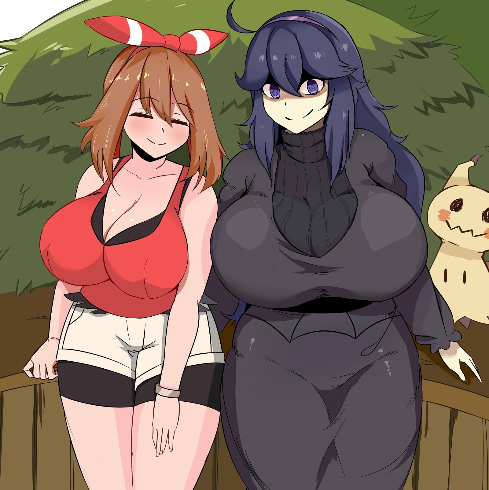 @ @, 2girls, alternate breast size, big breasts, blush, breasts, brown hair, cleavage, closed eyes, closed eyes smile, clothed, cuteakita, dress, female, female only, hairband, hex maniac, huge breasts, human, human only, large breasts, light skin, light-skinned female, long hair, may (pokemon oras), may (pokemon), medium hair, mimikyu, multiple females, multiple girls, nintendo, pale skin, pale-skinned female, pokemon, pokemon oras, pokemon sm, pokemon xy, purple eyes, purple hair, shorts, smile, thick thighs, thighs, unusual anatomy, unusual eyes, unusual pupils, voluptuous, wide hips