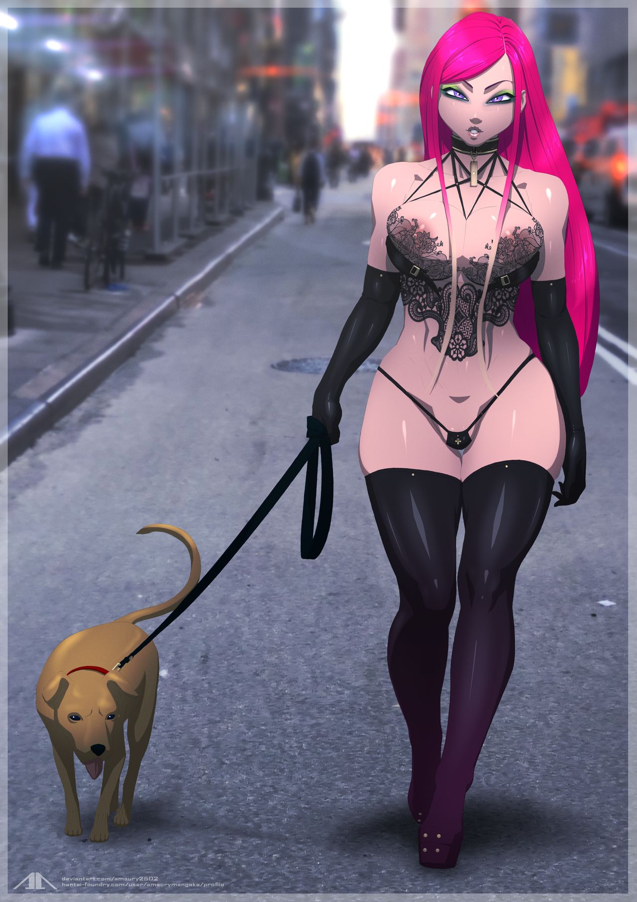 amaurymangaka canine choker dog human leash long_boots long_gloves makeup nipples pale-skinned_female pale_skin pink_hair rainbow_(animation_studio) roxy_(winx_club) string_panties top winx_club