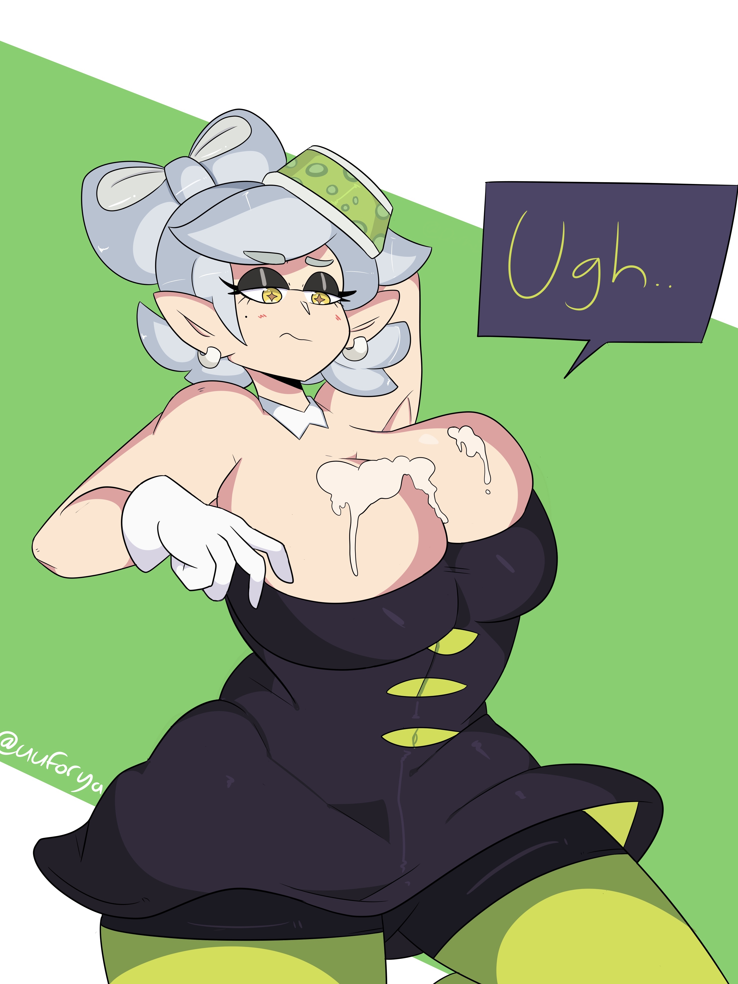 alternate breast size, big breasts, breasts, clothed, clothing, cum, cum on breasts, disgusted, female, huge breasts, large breasts, marie (splatoon), nintendo, pseudo hair, splatoon, tentacle hair, uuforya