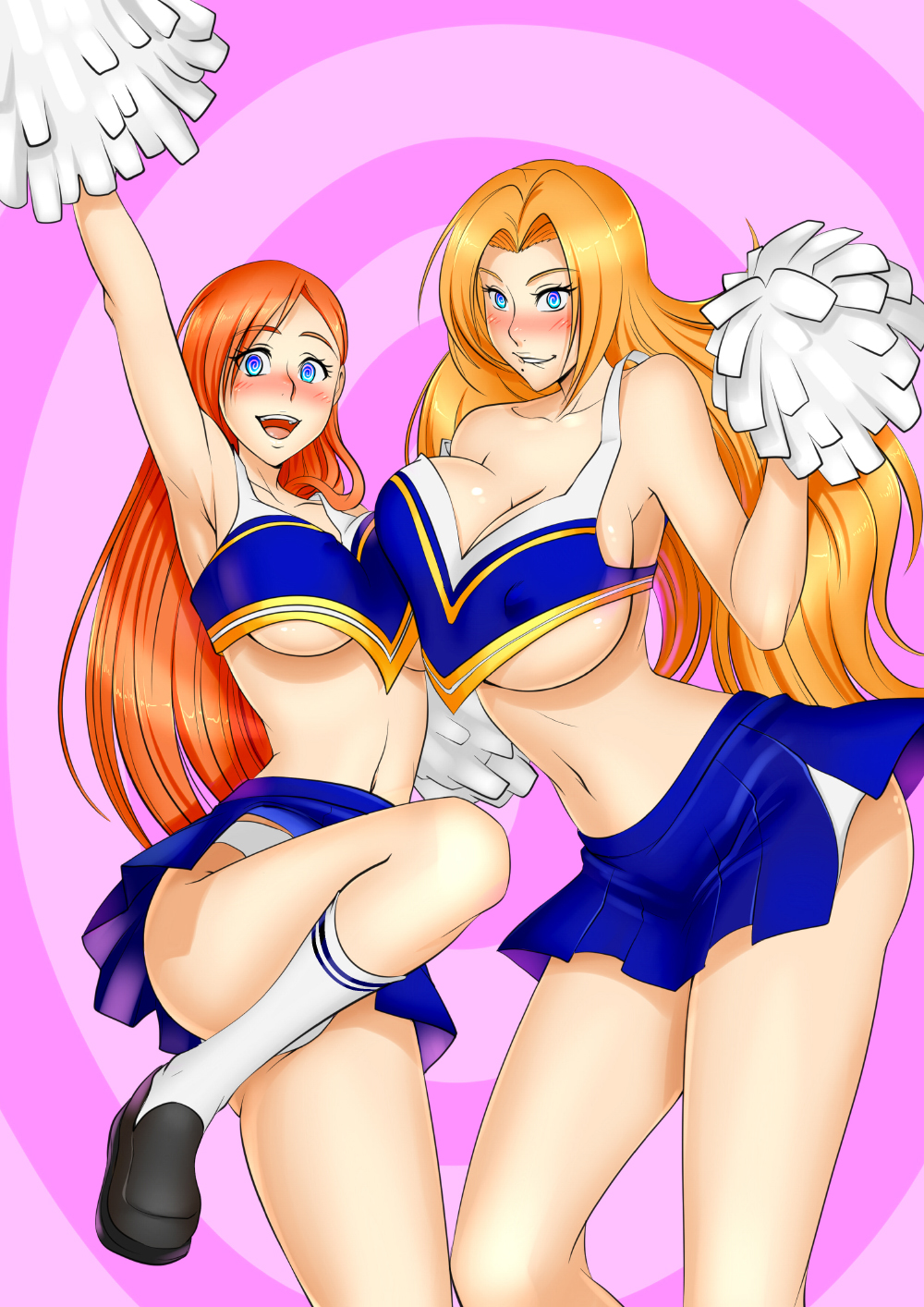 2girls, big breasts, biting lip, bleach, blue skirt, blush, breast to breast, breasts, cheerleader, cleavage, erect nipples under clothes, female, female only, hypnosis, inoue orihime, large breasts, long socks, matsumoto rangiku, midriff, mind control, navel, off shoulder, oo sebastian oo, orange hair, panties, skirt, smile, underboob