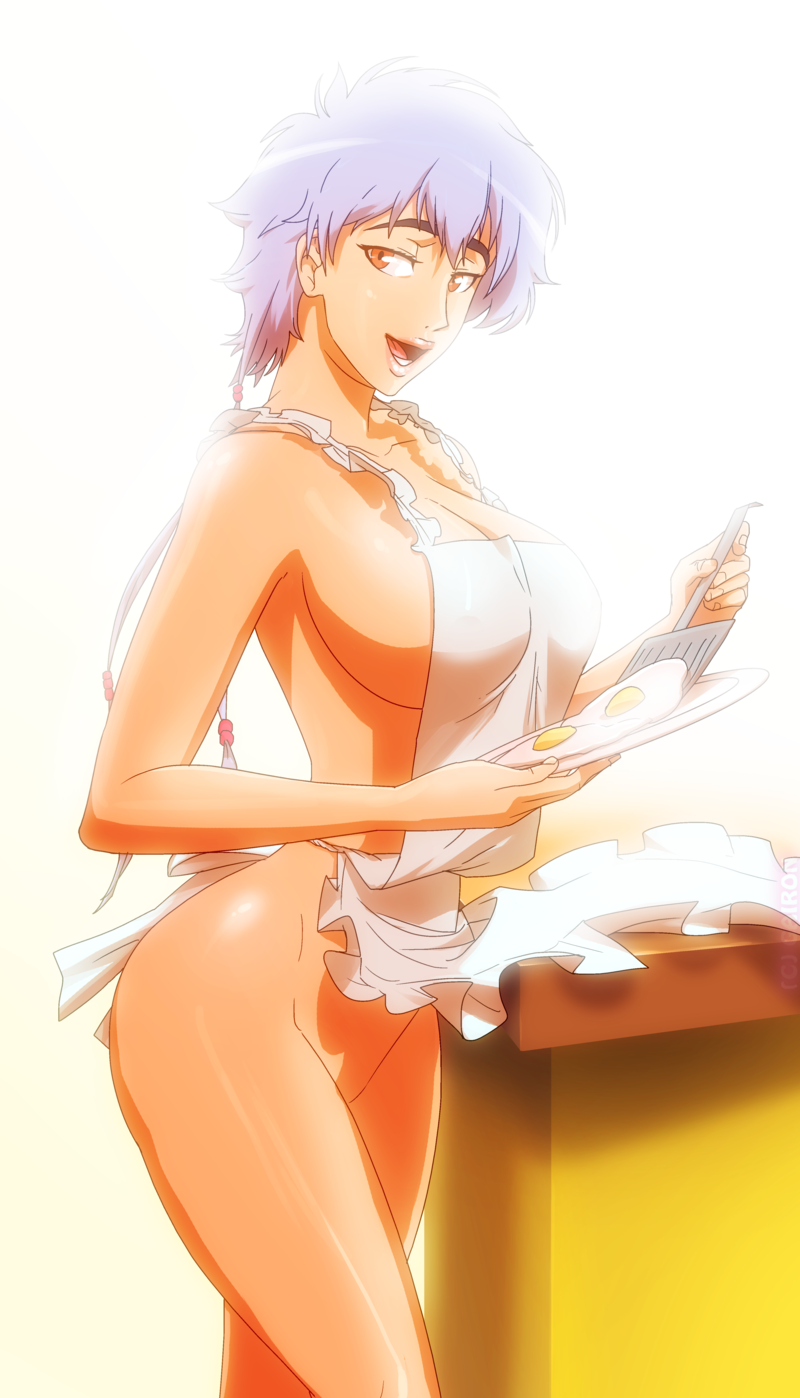 1girls apron bleach bottomless breasts cleavage cooking egg female female_only gairon kotetsu_isane looking_at_viewer naked_apron plate short_hair side_boob silver_hair smile spatula