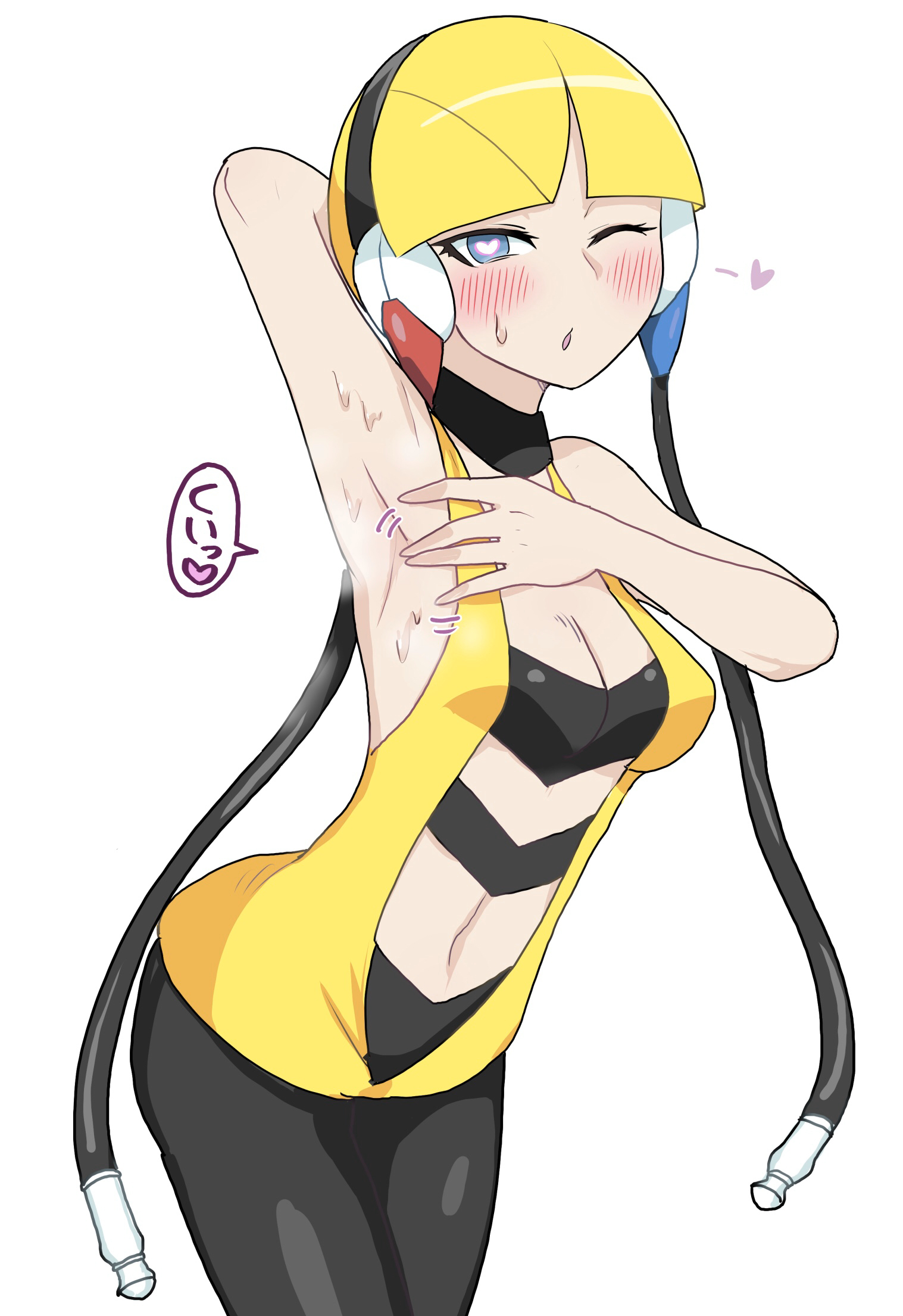 1girls, 2020, absurd res, arm behind head, arm up, armpit spread, armpits, ass, bare arms, bare shoulders, big ass, blonde hair, blue eyes, blush, breasts, choker, cleavage, clothed, clothing, elesa (pokemon bw), elesa (pokemon), female, female only, gym leader, hair ornament, headphones, heart, heart-shaped pupils, highres, human, human only, inviting, japanese text, leaning forward, looking at viewer, medium breasts, navel, navel cutout, nintendo, one eye closed, open mouth, pokemon, pokemon bw, short hair, simple background, sleeveless, sleeveless shirt, smell, solo, speech bubble, standing, sweat, sweating, sweaty, sweaty armpits, text, thighs, tight clothing, tight pants, white background, white-stew, wings, yellow clothing